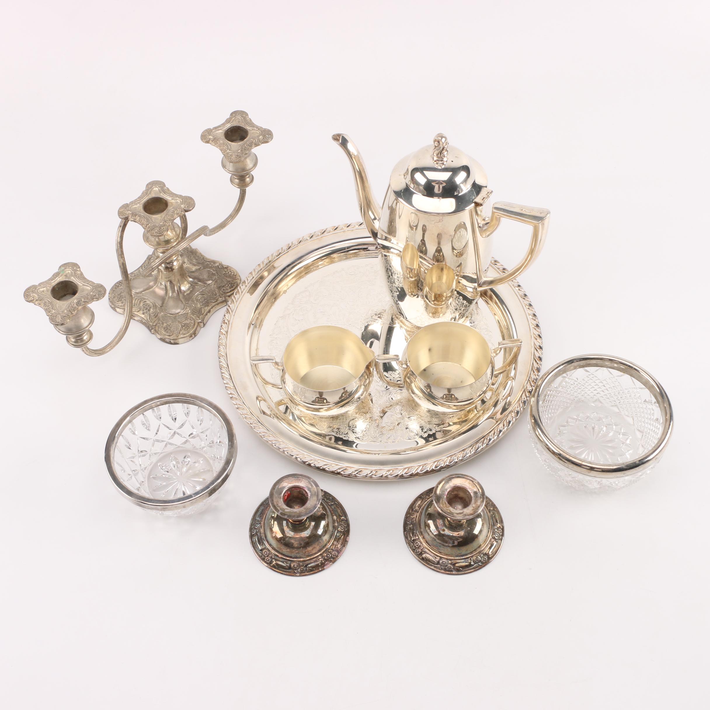 Oneida Silver Plate Coffee Service with Silver Plate Candlesticks and Tableware