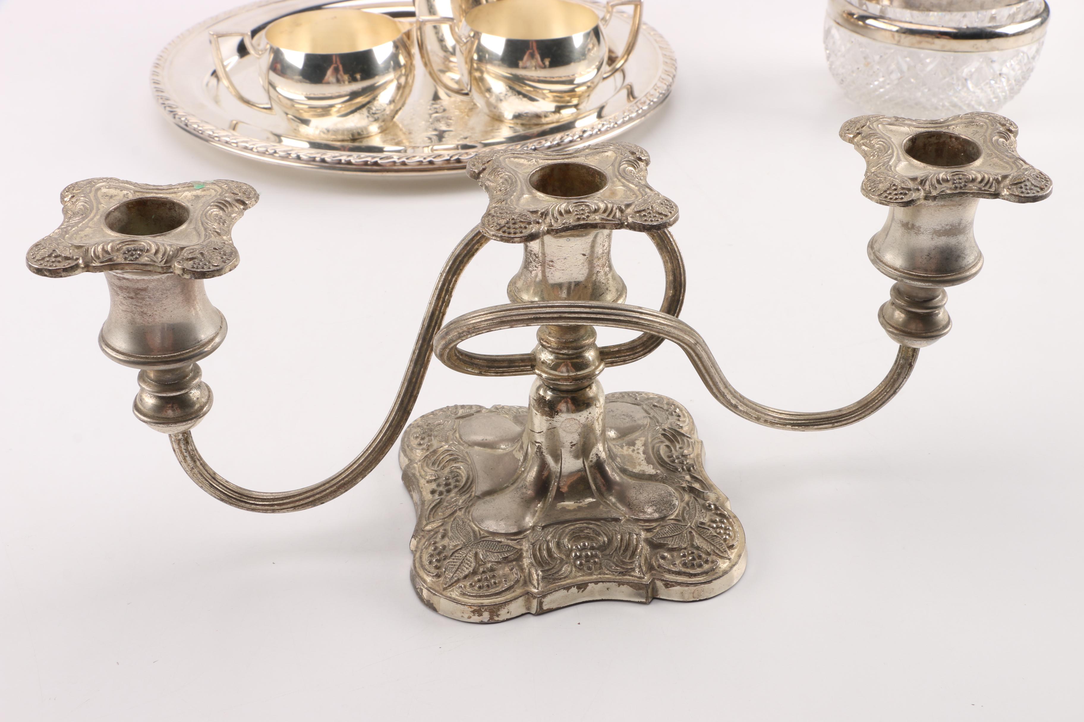 Oneida Silver Plate Coffee Service with Silver Plate Candlesticks and Tableware