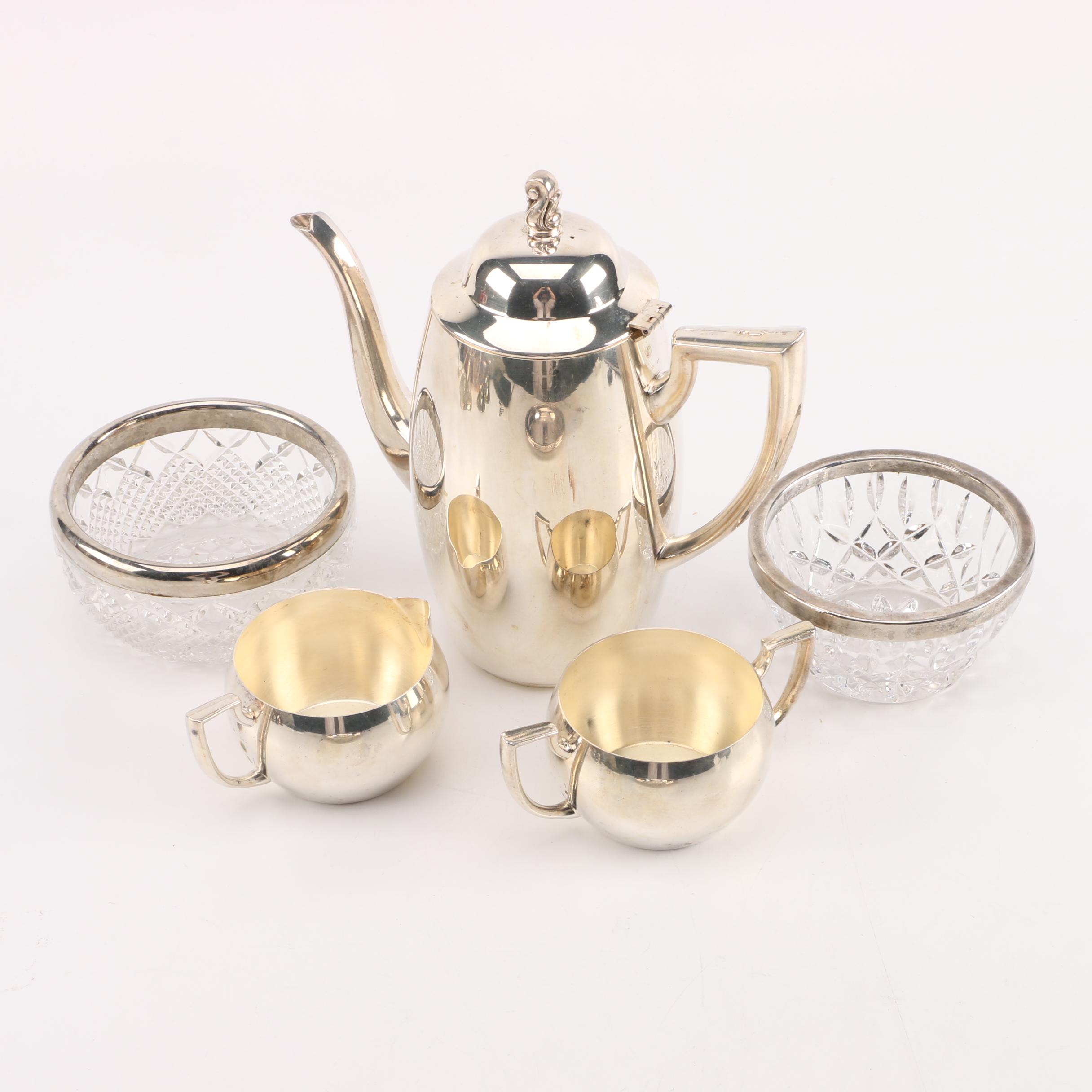 Oneida Silver Plate Coffee Service with Silver Plate Candlesticks and Tableware