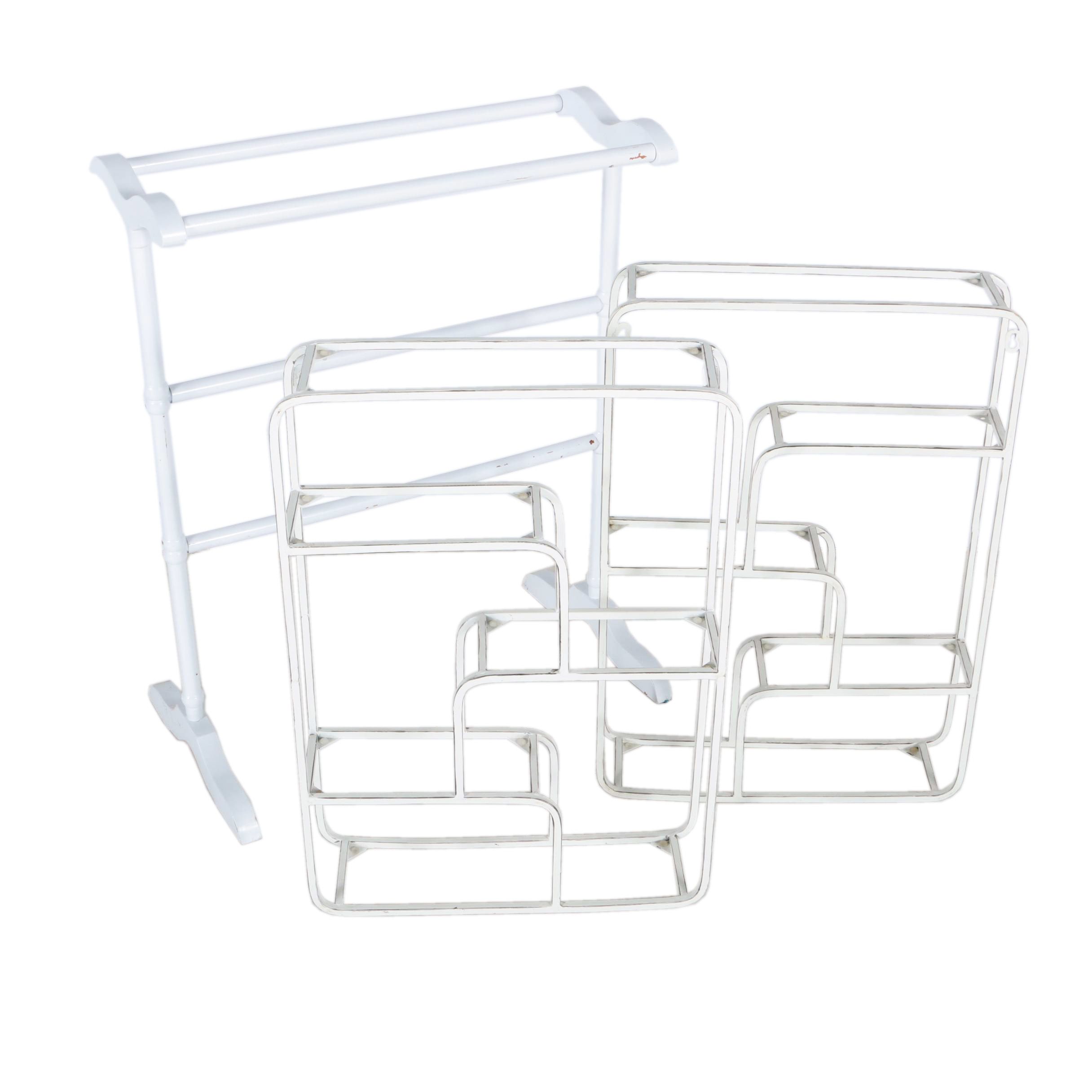 Metal Wall Shelving and Wooden Quilt Rack