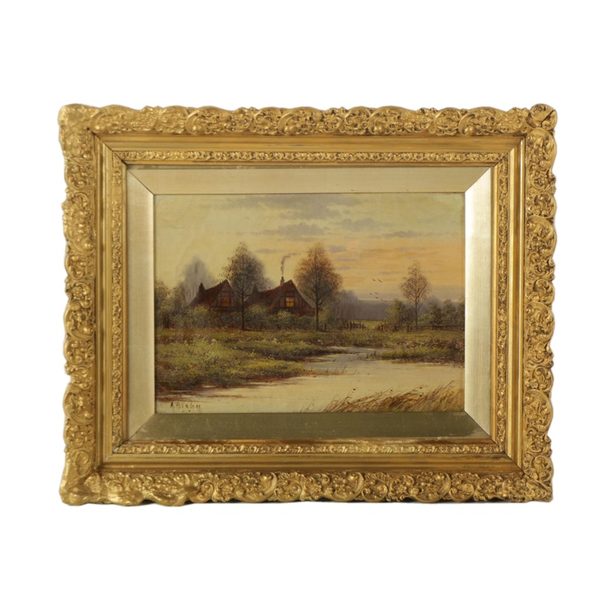 Arthur H. Cole Antique Oil Painting on Canvas "Lingering Daylight"