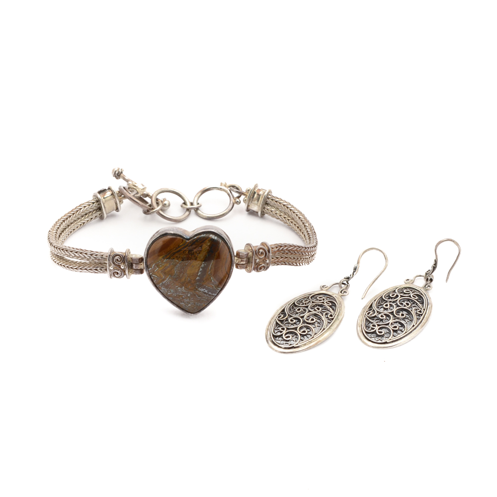 Sajen Sterling Silver Earrings and Bracelet with Agate