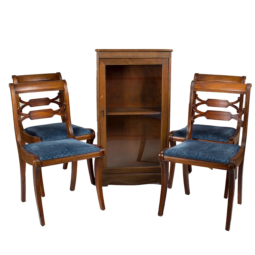 Four Hepplewhite Style Upholstered Dining Chairs and Wooden Display Shelf