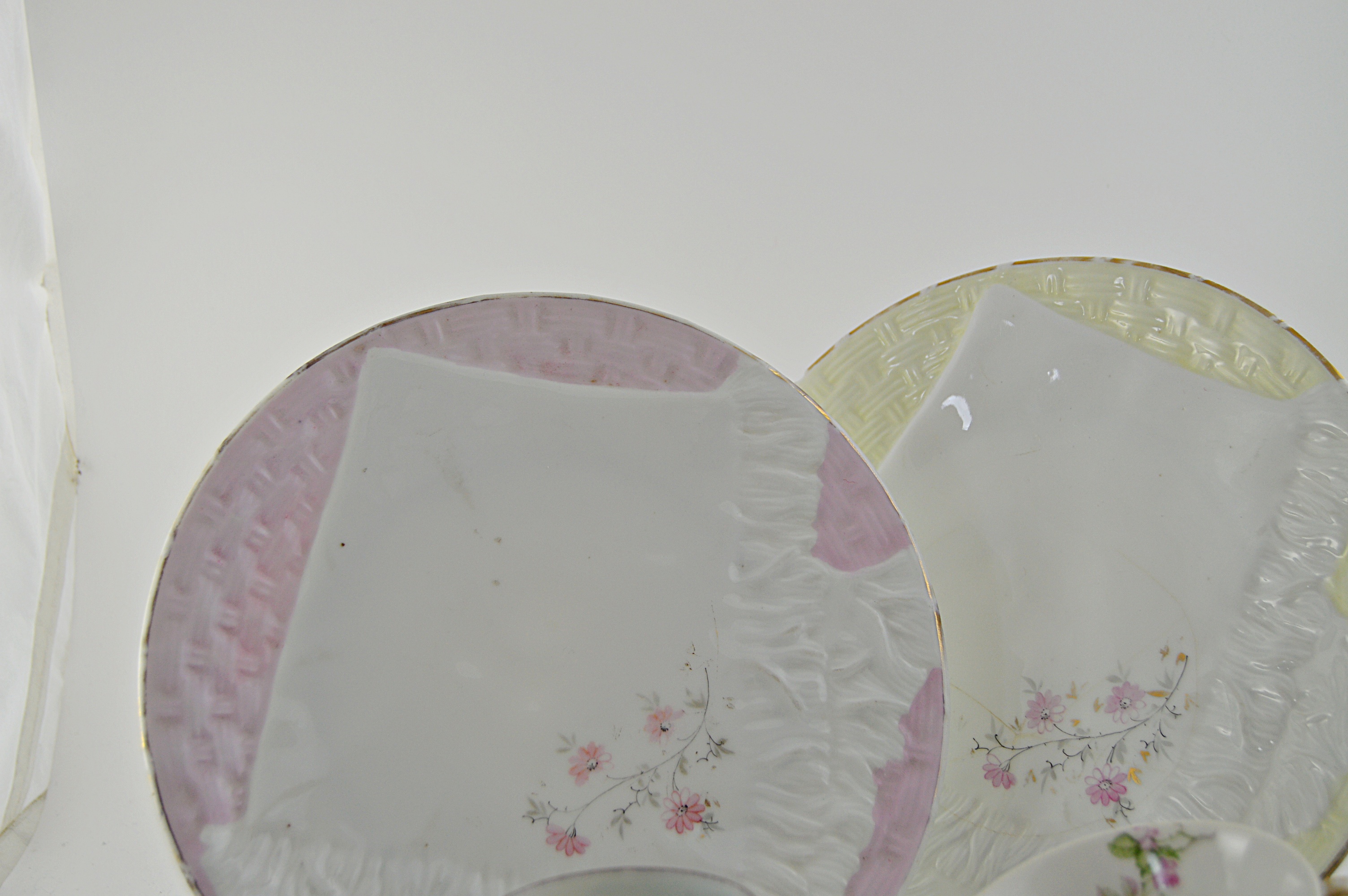 Antique German Porcelain "Napkin" Plates, Haviland Limoges Tea Cups and Saucers