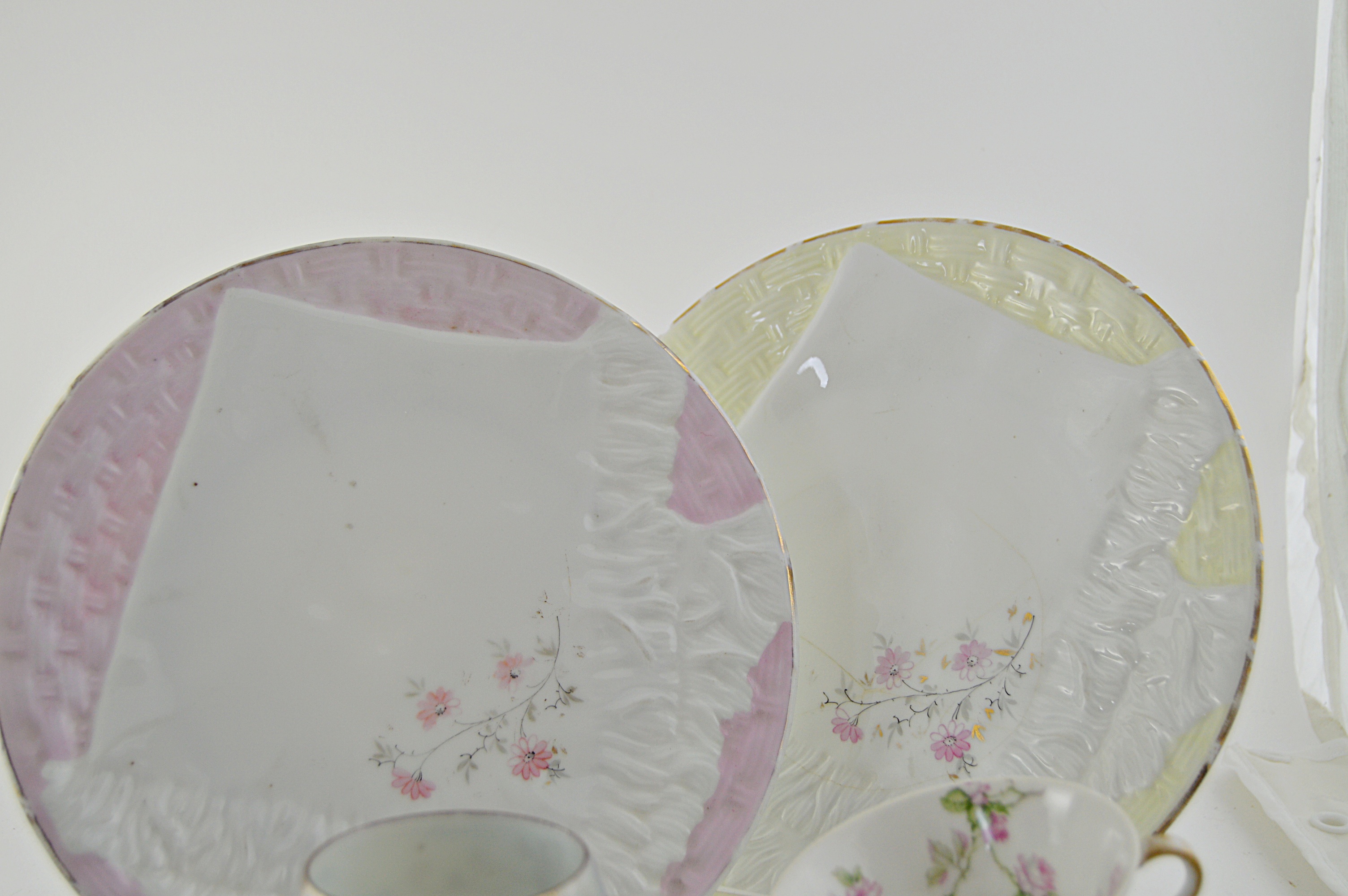 Antique German Porcelain "Napkin" Plates, Haviland Limoges Tea Cups and Saucers
