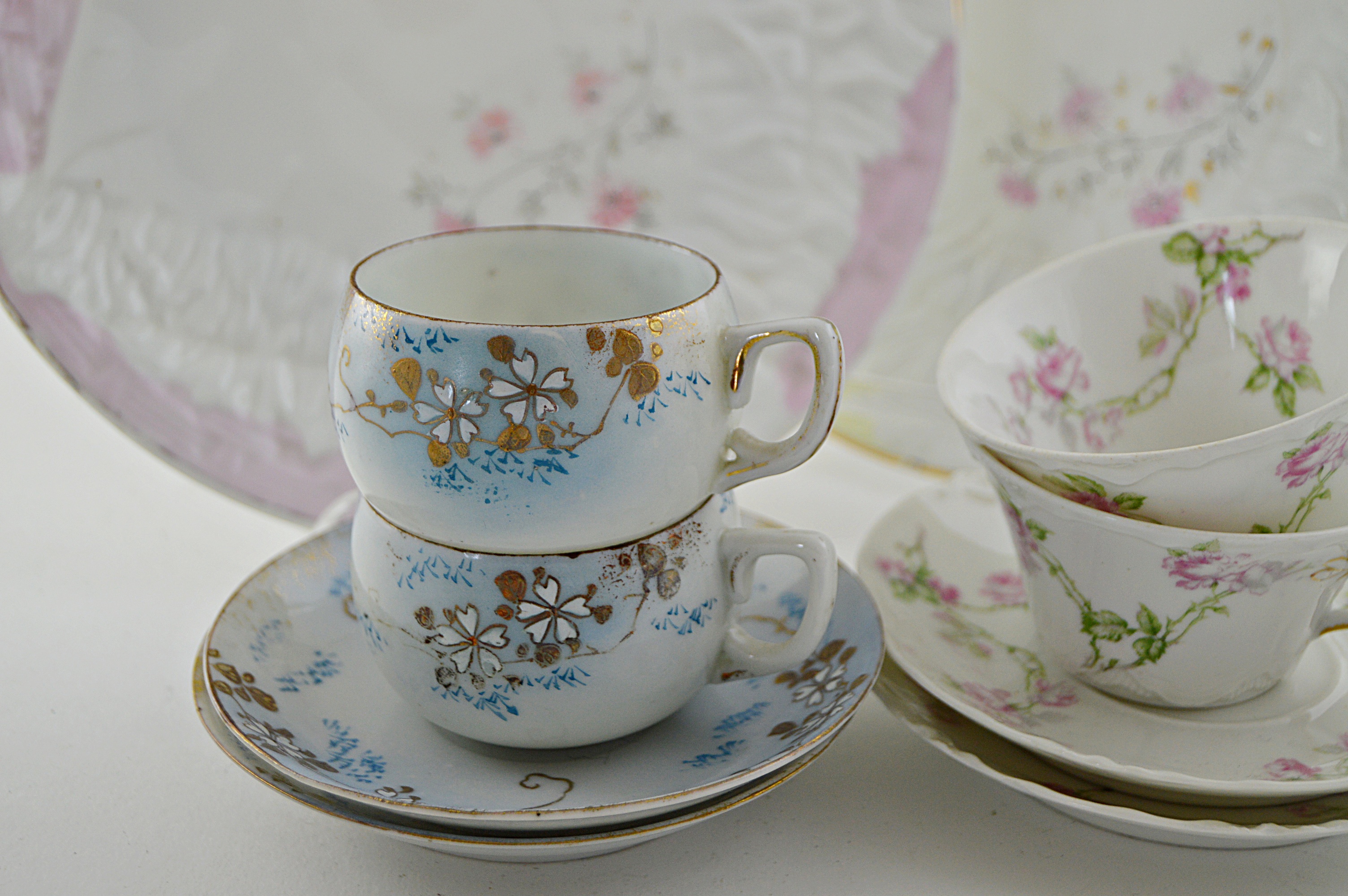 Antique German Porcelain "Napkin" Plates, Haviland Limoges Tea Cups and Saucers