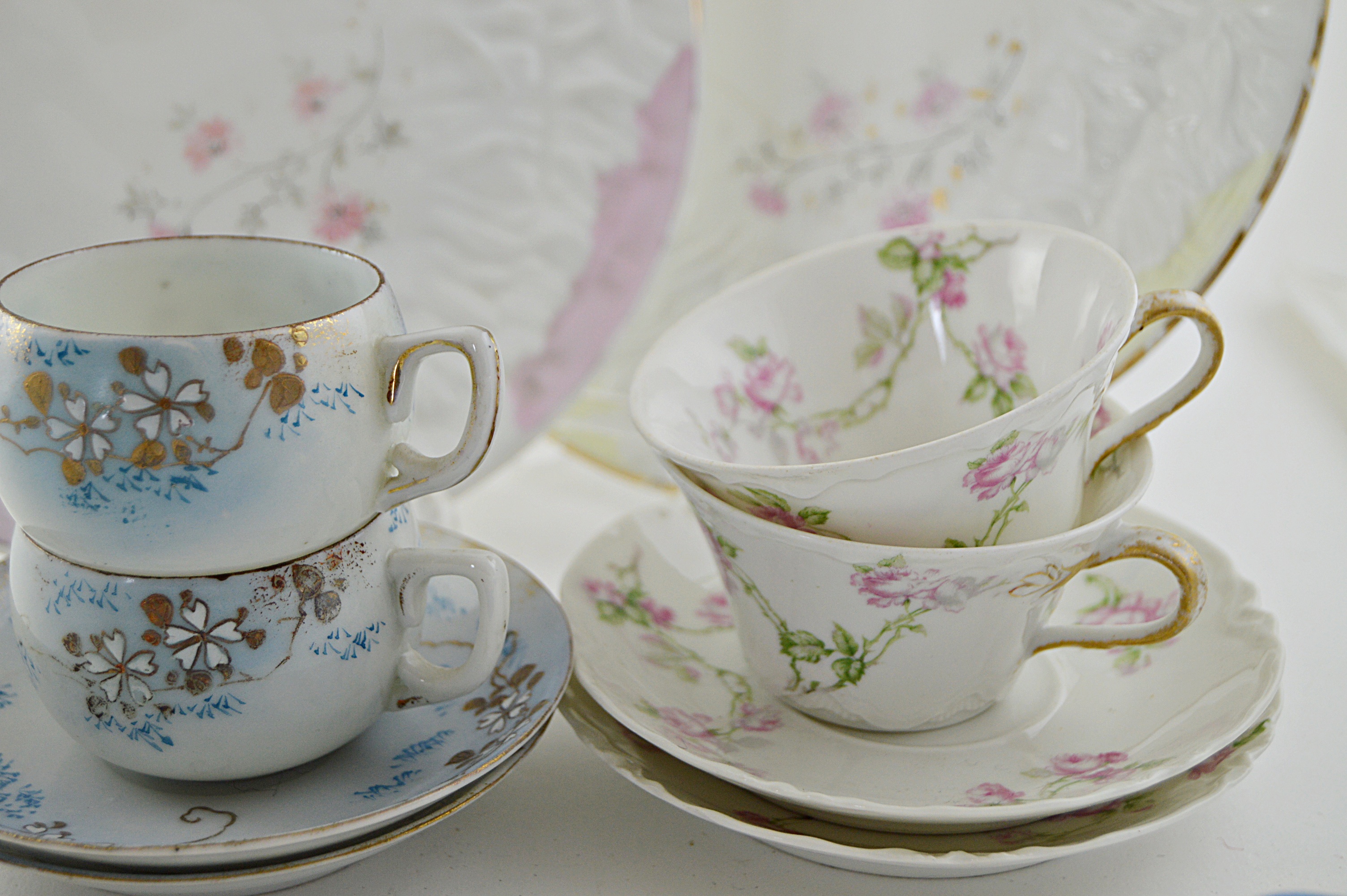 Antique German Porcelain "Napkin" Plates, Haviland Limoges Tea Cups and Saucers