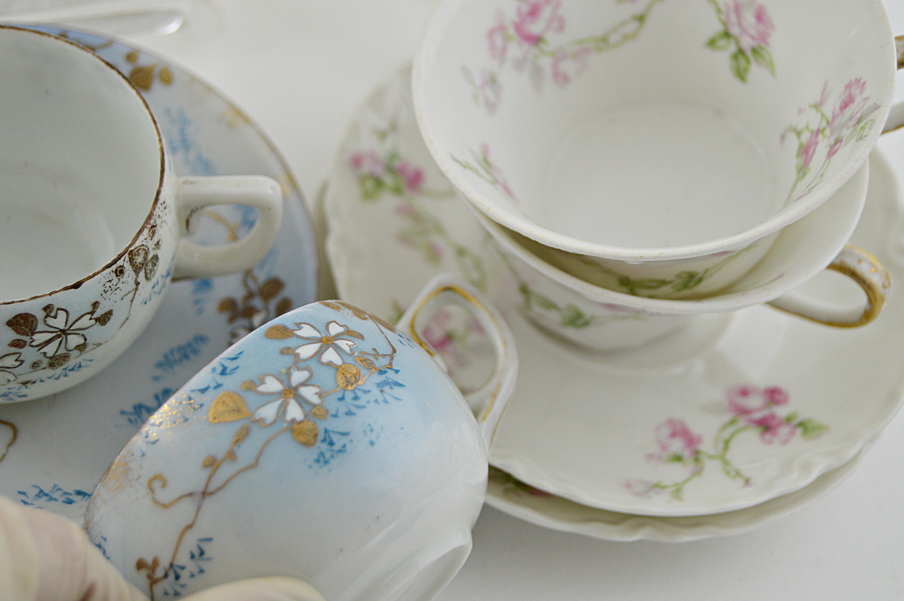 Antique German Porcelain "Napkin" Plates, Haviland Limoges Tea Cups and Saucers