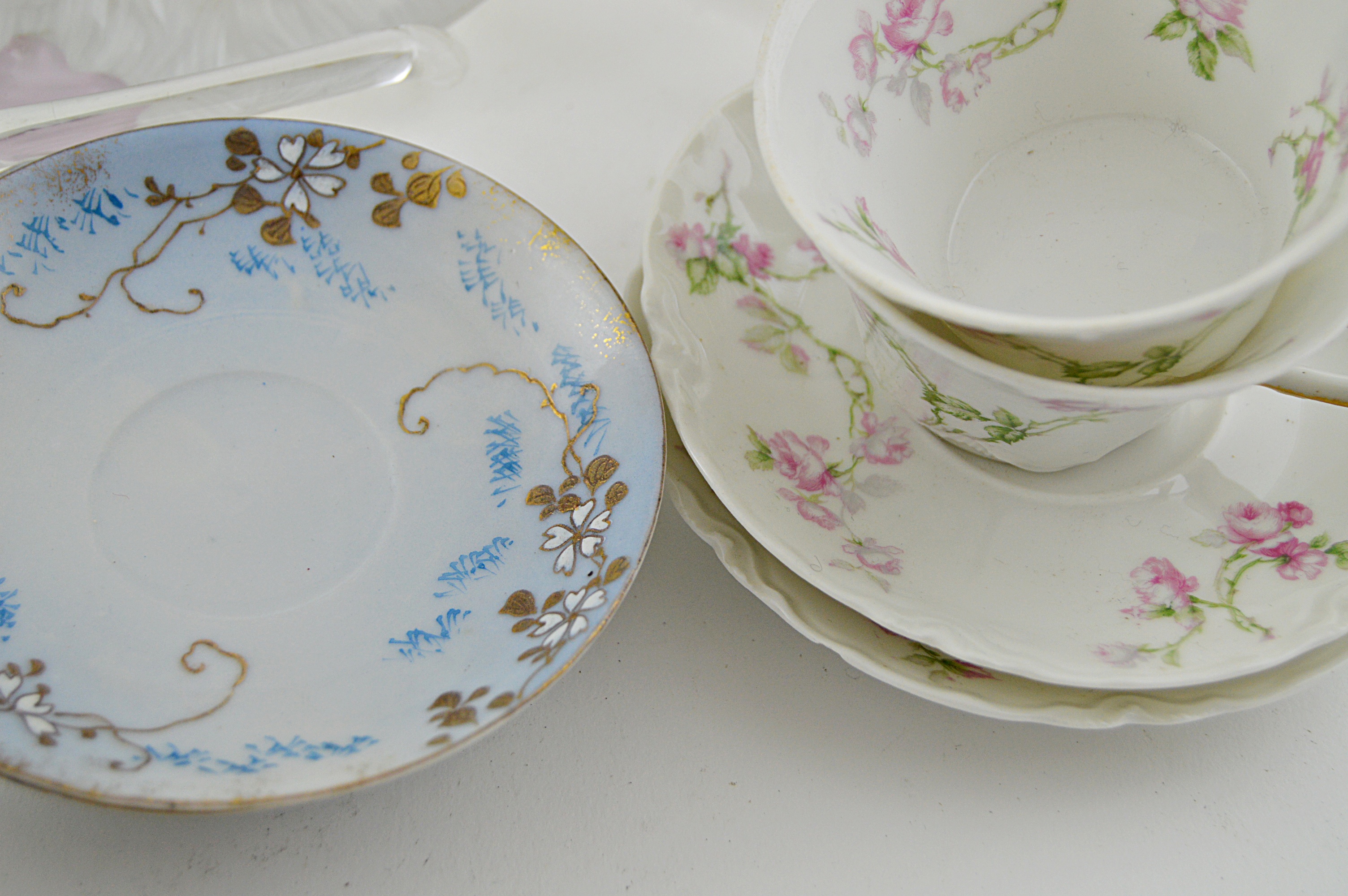 Antique German Porcelain "Napkin" Plates, Haviland Limoges Tea Cups and Saucers