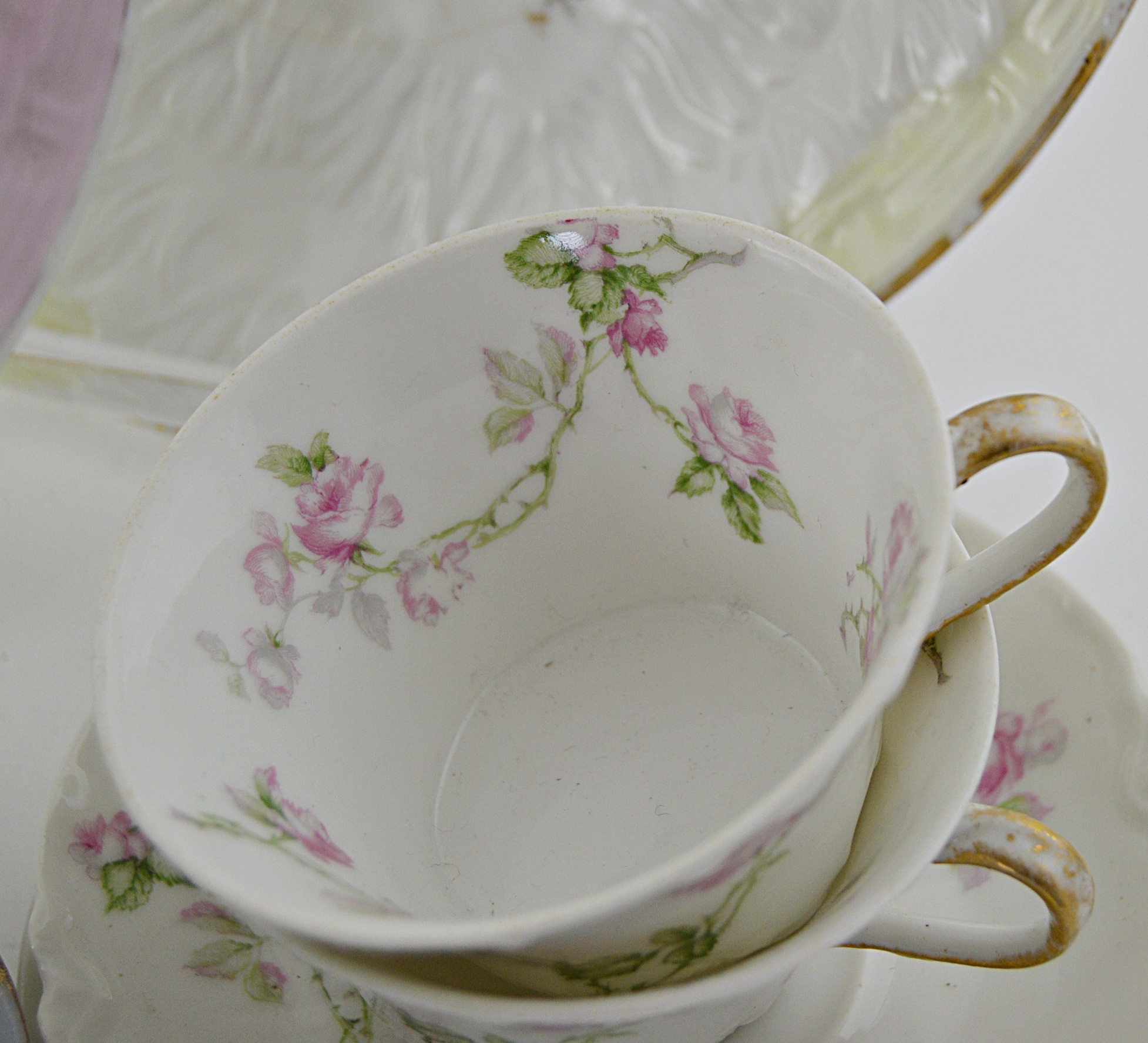 Antique German Porcelain "Napkin" Plates, Haviland Limoges Tea Cups and Saucers