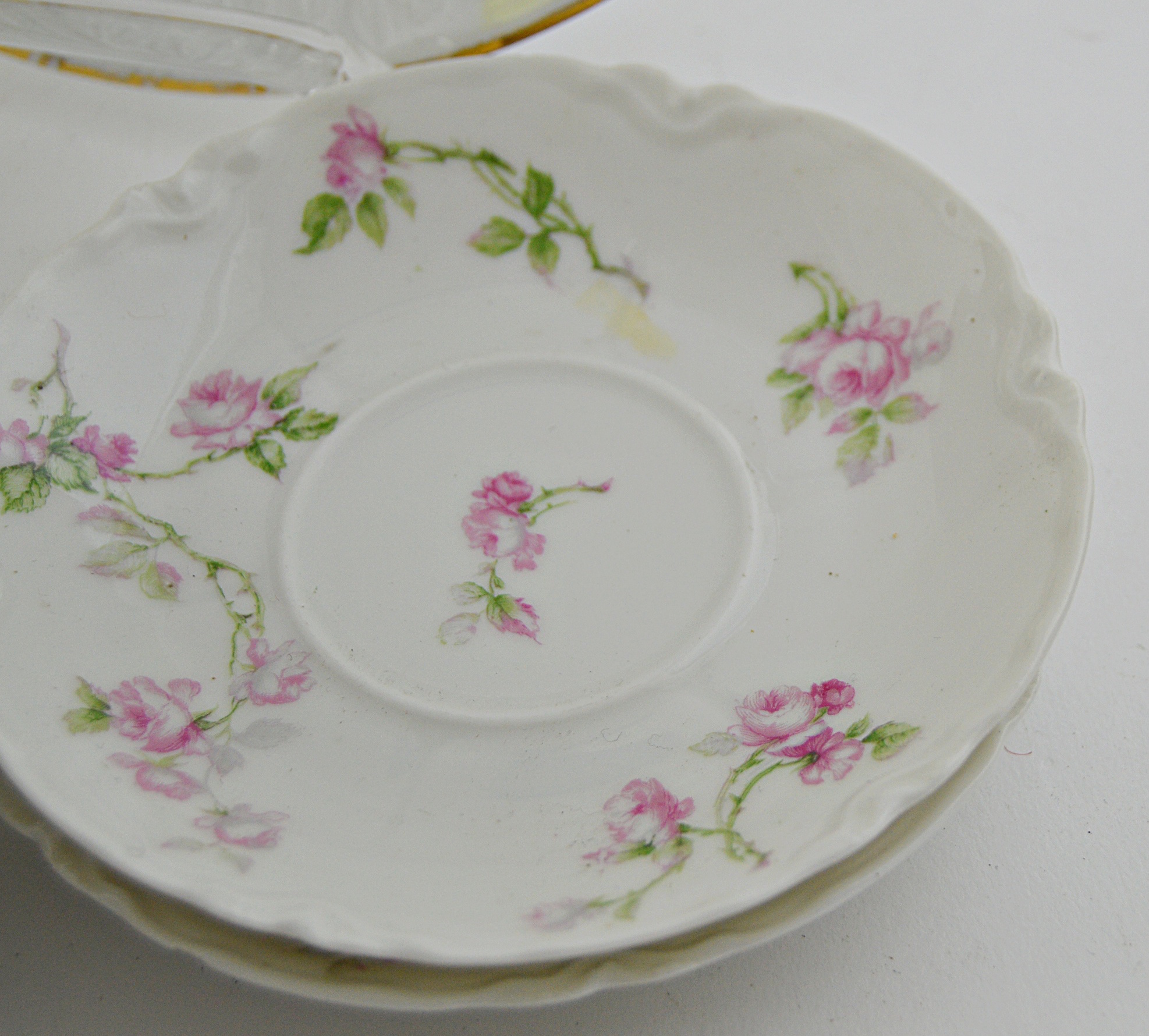 Antique German Porcelain "Napkin" Plates, Haviland Limoges Tea Cups and Saucers