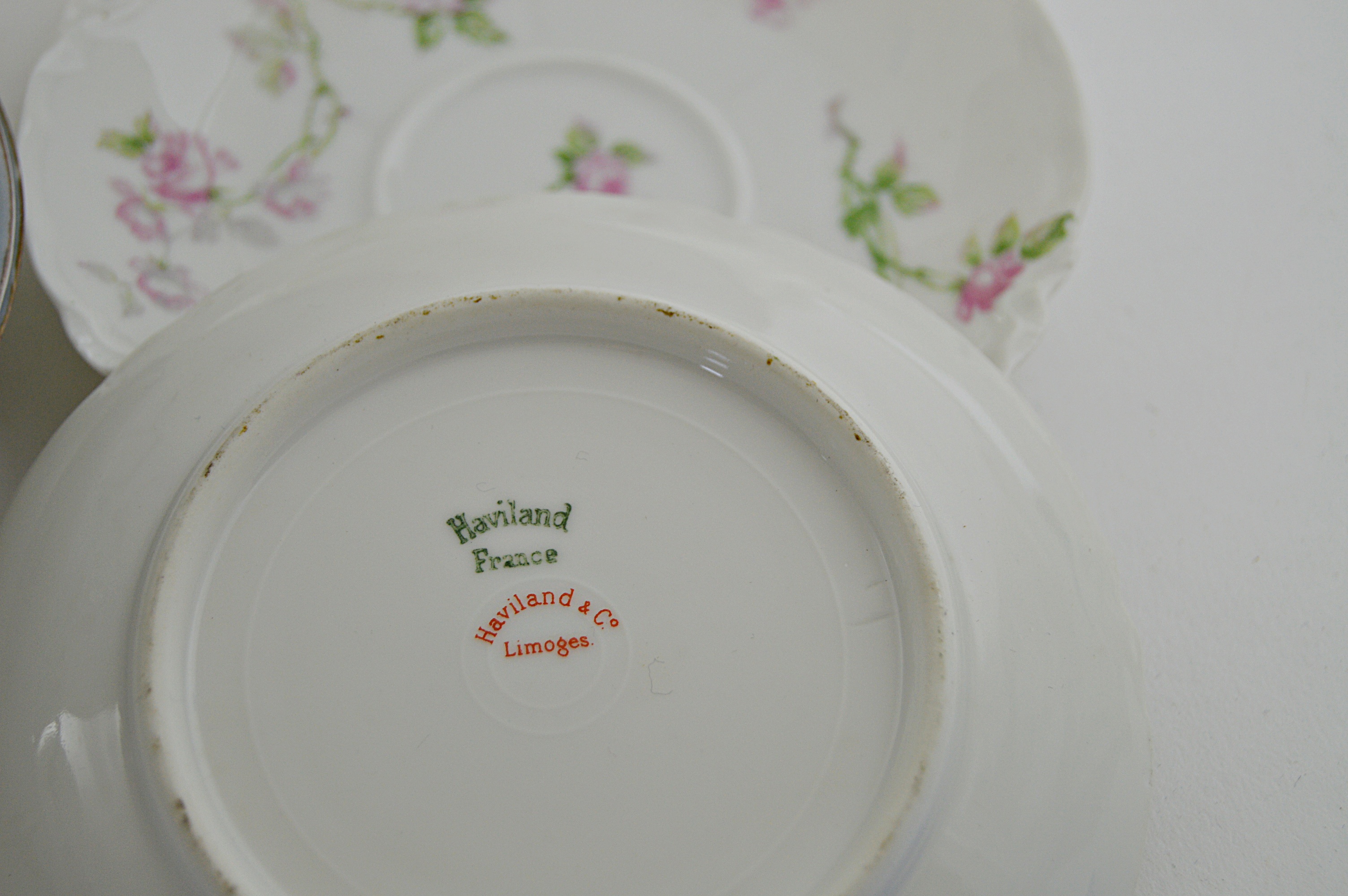 Antique German Porcelain "Napkin" Plates, Haviland Limoges Tea Cups and Saucers