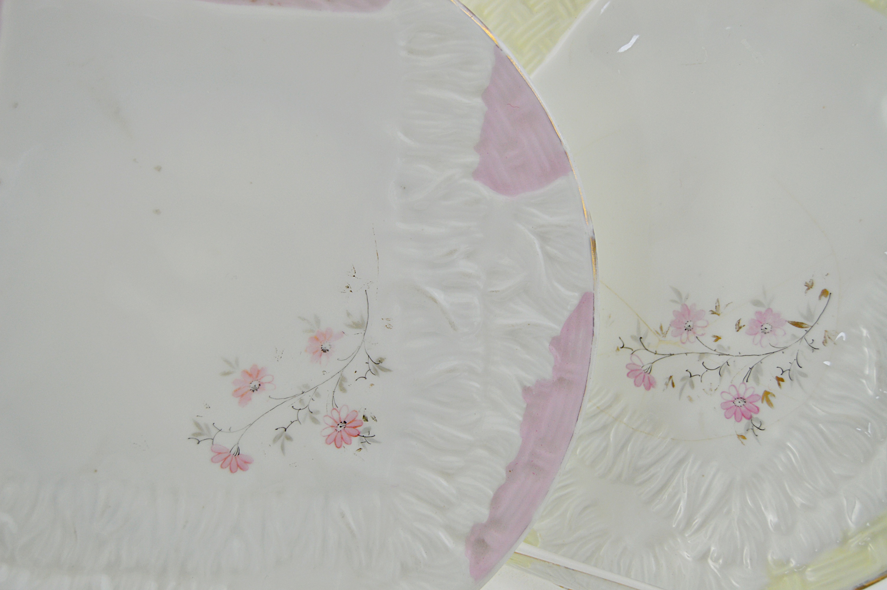 Antique German Porcelain "Napkin" Plates, Haviland Limoges Tea Cups and Saucers