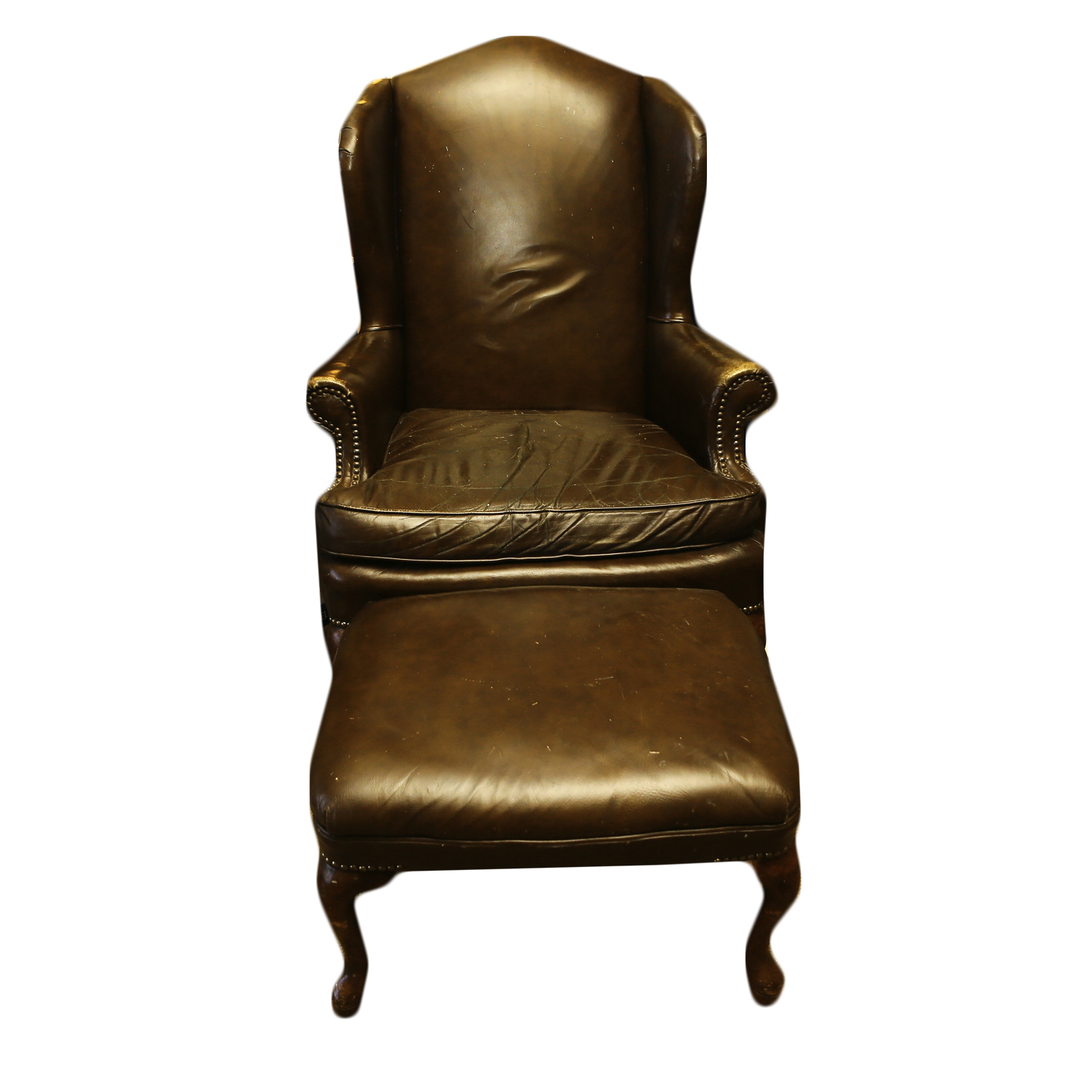 Queen Anne Style Brown Leather Wingback Chair and Ottoman