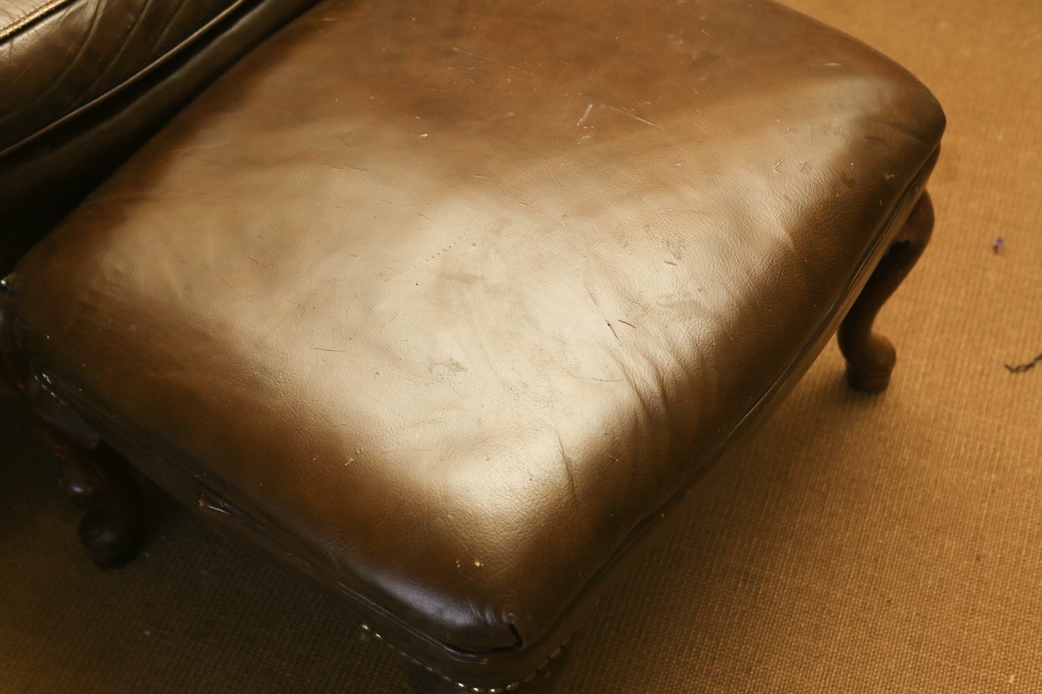 Queen Anne Style Brown Leather Wingback Chair and Ottoman