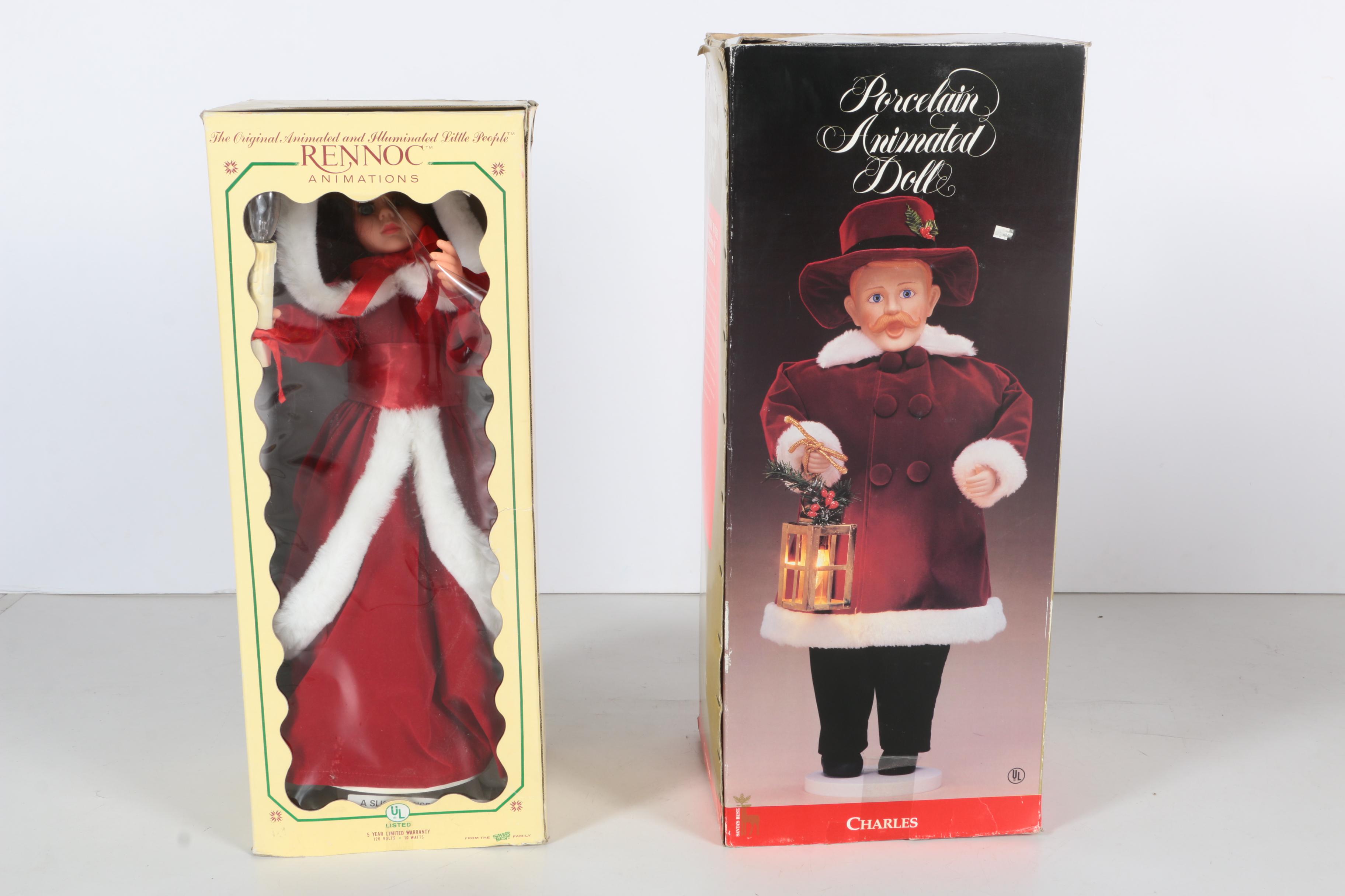 Rennoc and Santa's Best Animated Christmas Dolls and Wooden Folk Art Snowman