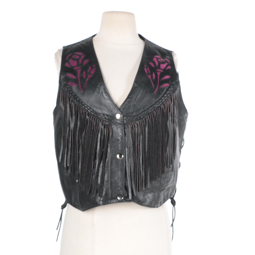 1990s Women's Hudson Leather Biker Vest with Suede Cutouts