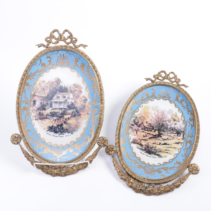 Pair of Ornate Framed Currier and Ives Decorative Plates