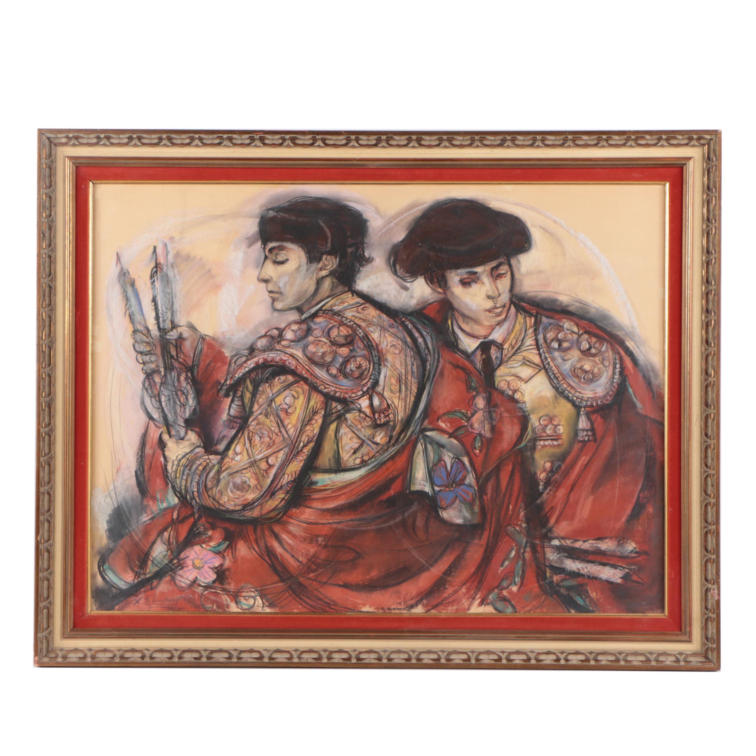 Sheldon C. Schoneberg Oil Pastel on Paper Drawing of Two Bullfighters
