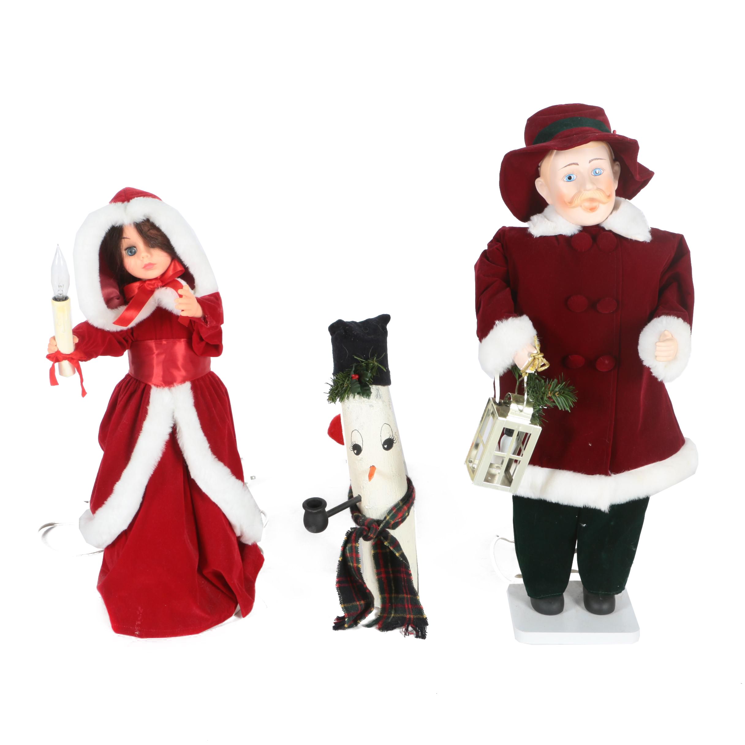 Rennoc and Santa's Best Animated Christmas Dolls and Wooden Folk Art Snowman