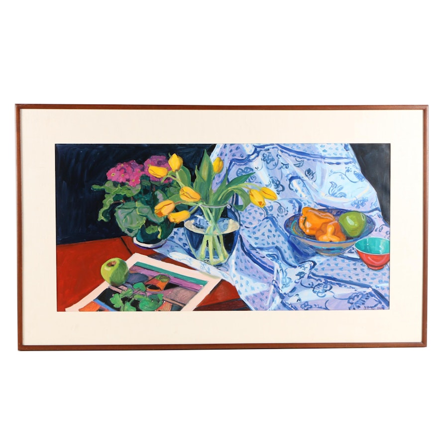 Debra A. Yoo Oil Painting on Paper "Still Life with Yellow Tulips and Peppers"
