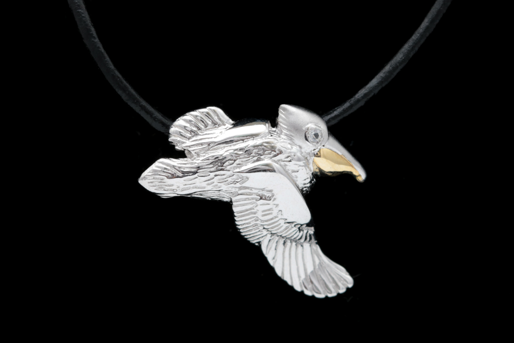 Sterling Silver, 14K Yellow Gold and Cubic Zironia Pelican Pendant Necklace