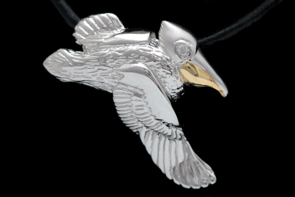 Sterling Silver, 14K Yellow Gold and Cubic Zironia Pelican Pendant Necklace