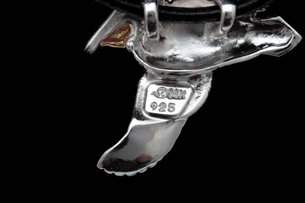 Sterling Silver, 14K Yellow Gold and Cubic Zironia Pelican Pendant Necklace