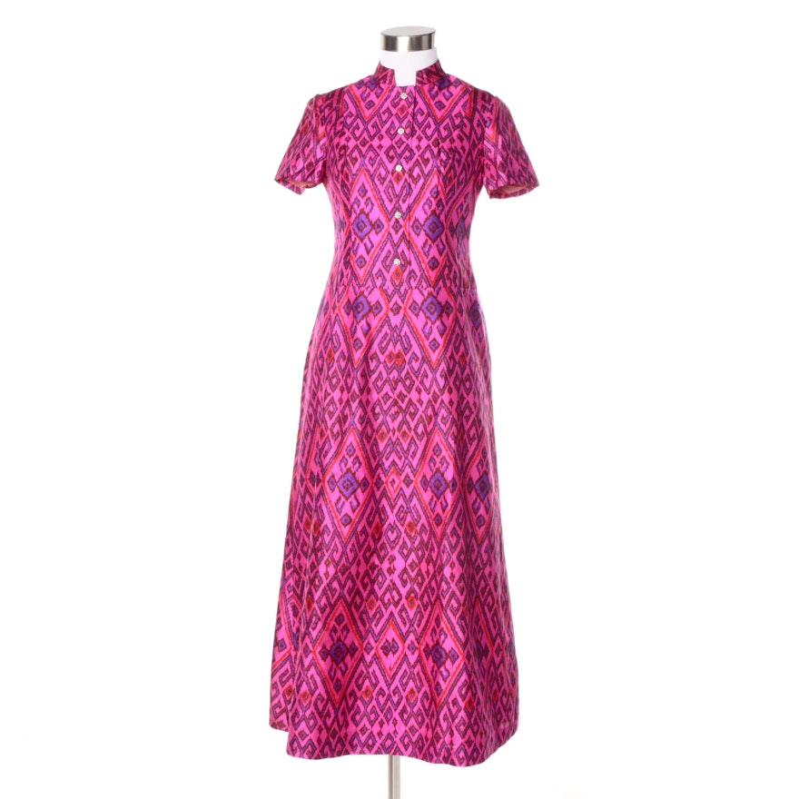 Circa 1960s Bespoke Silk Blend Dress with Rhinestone Buttons