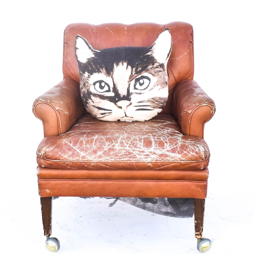 Vintage Leather Armchair with Cat Pillow