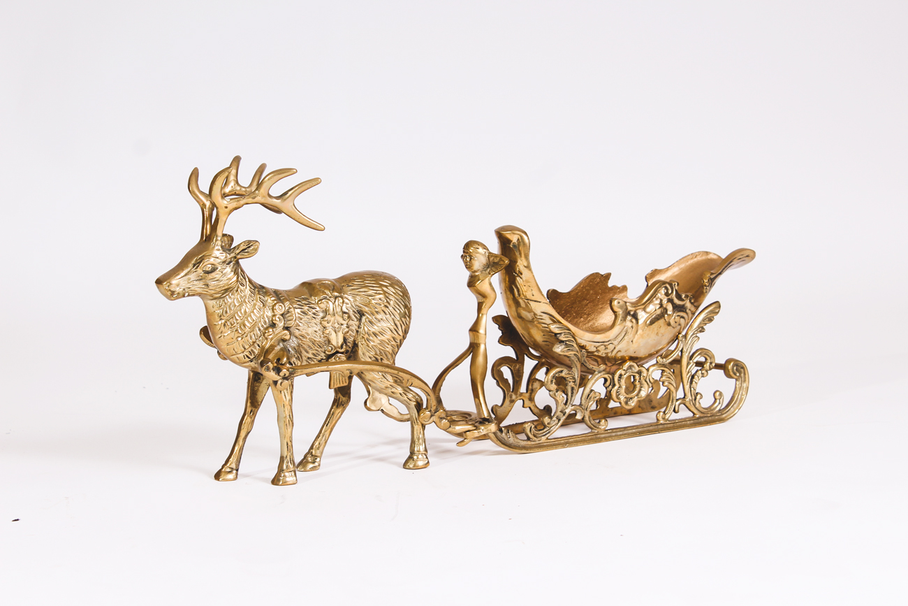 Brass Sleigh and Reindeer Figurine