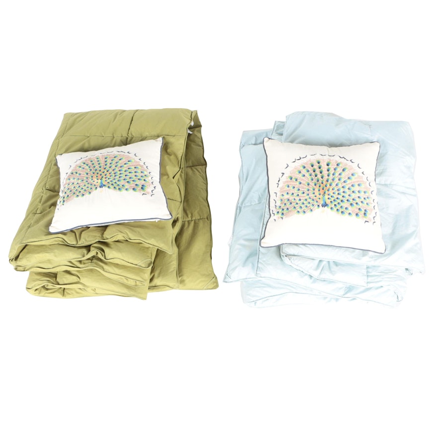 Embroidered Peacock Pillows and Quilted Blankets