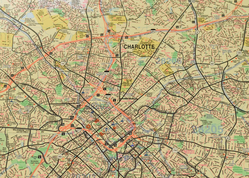Unframed, Laminated Map of Charlotte, North Carolina