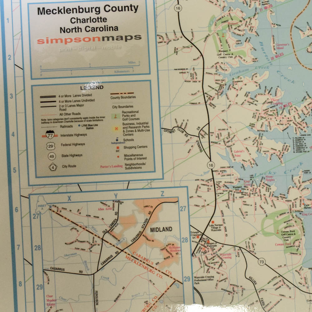 Unframed, Laminated Map of Charlotte, North Carolina