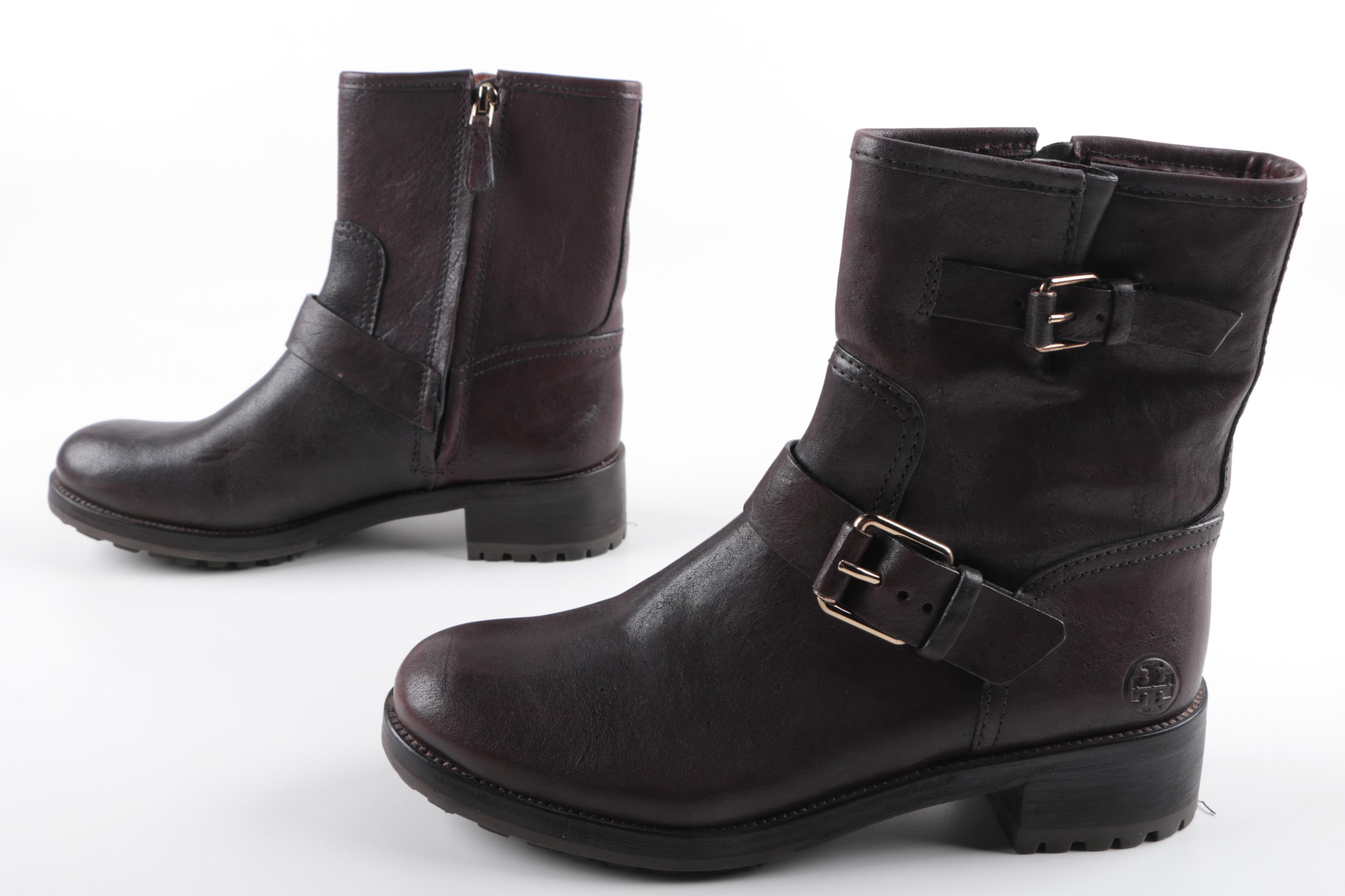 Tory Burch "Chrystie" Dark Brown Leather Moto Boots