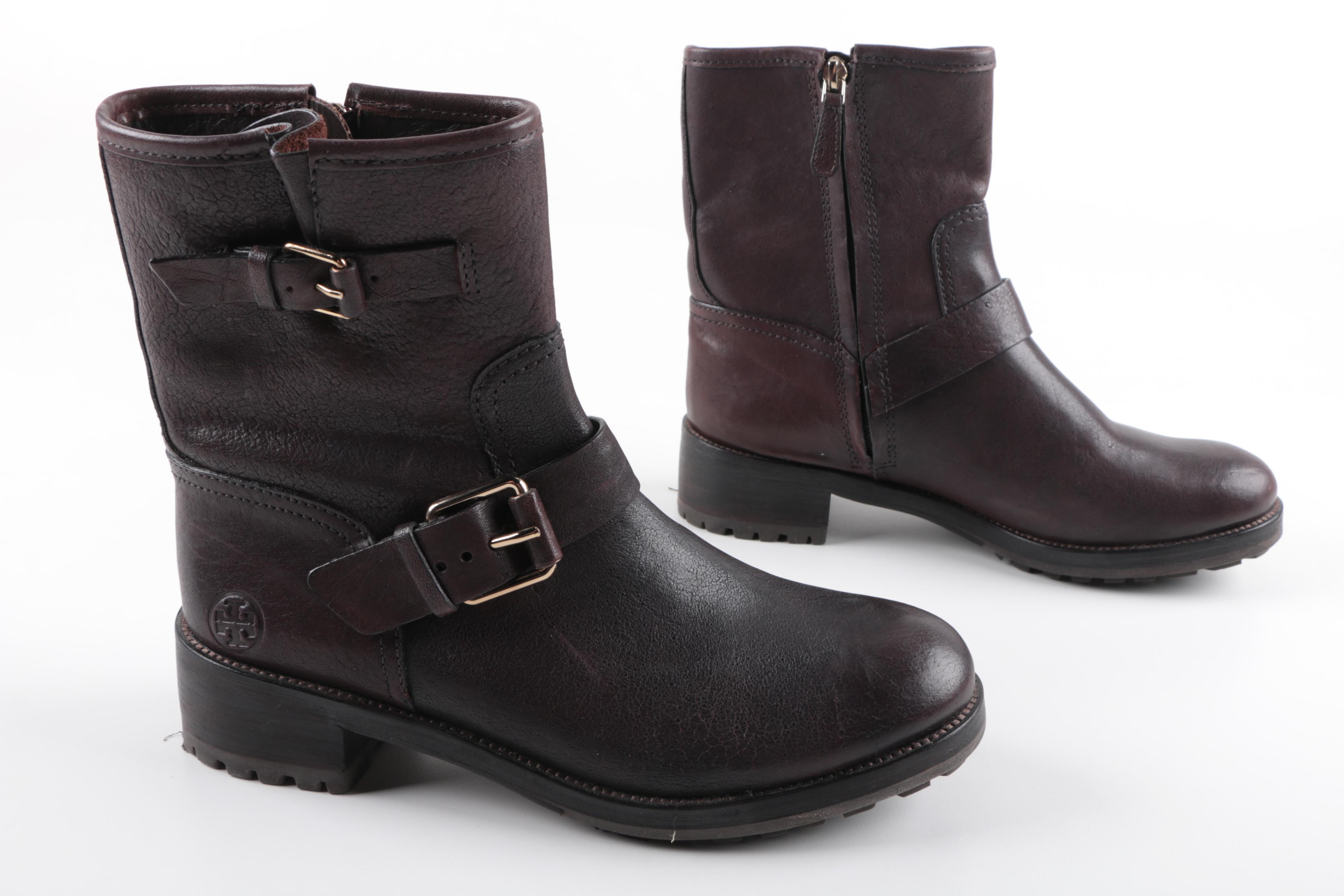 Tory Burch "Chrystie" Dark Brown Leather Moto Boots