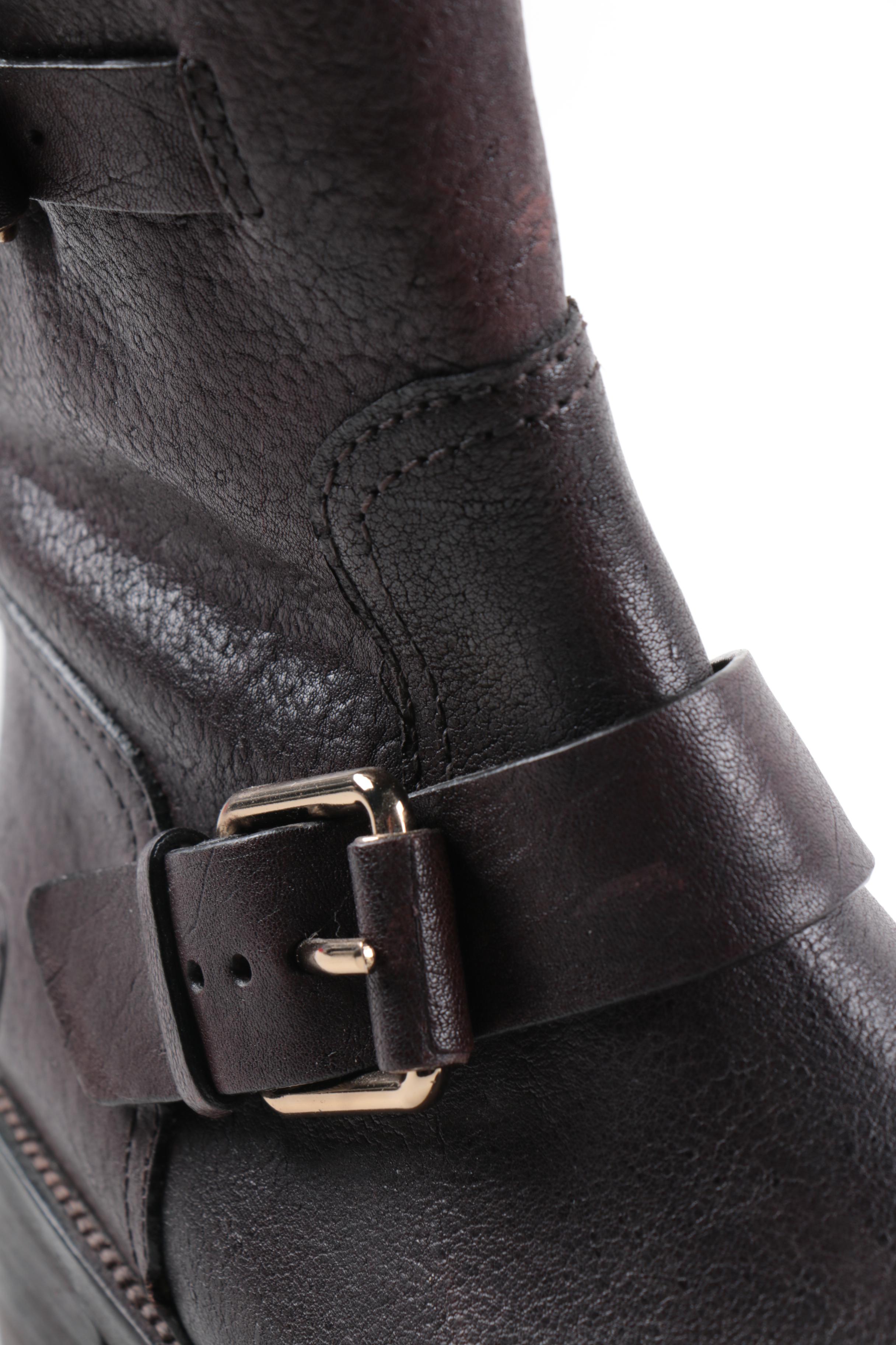 Tory Burch "Chrystie" Dark Brown Leather Moto Boots