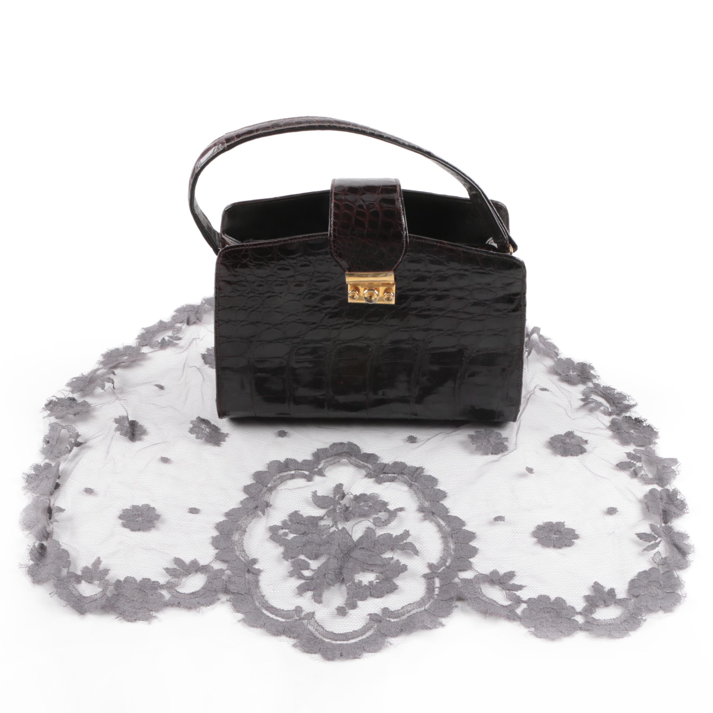 Vintage Bellestone Crocodile Handbag and Lace Mantilla