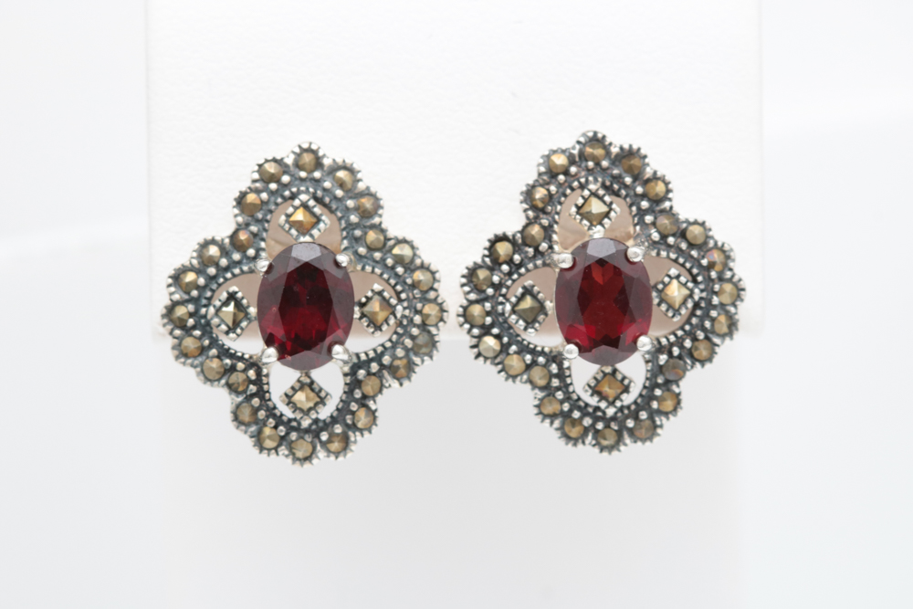 Sterling Silver, Garnet and Marcasite Earrings