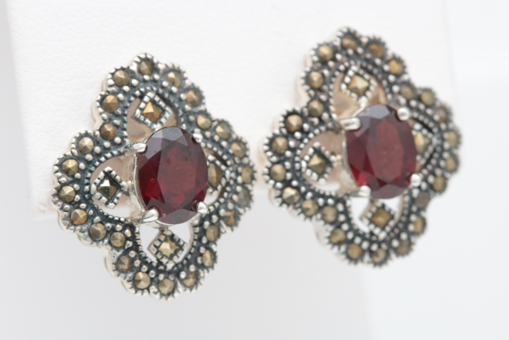 Sterling Silver, Garnet and Marcasite Earrings