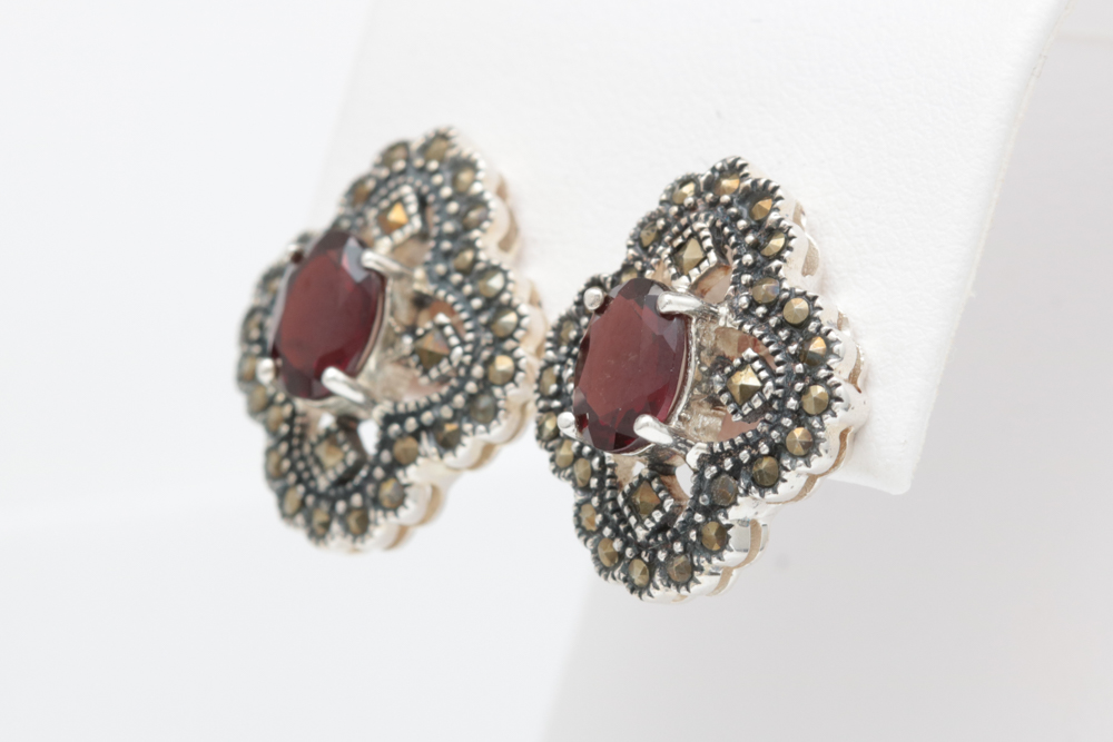 Sterling Silver, Garnet and Marcasite Earrings