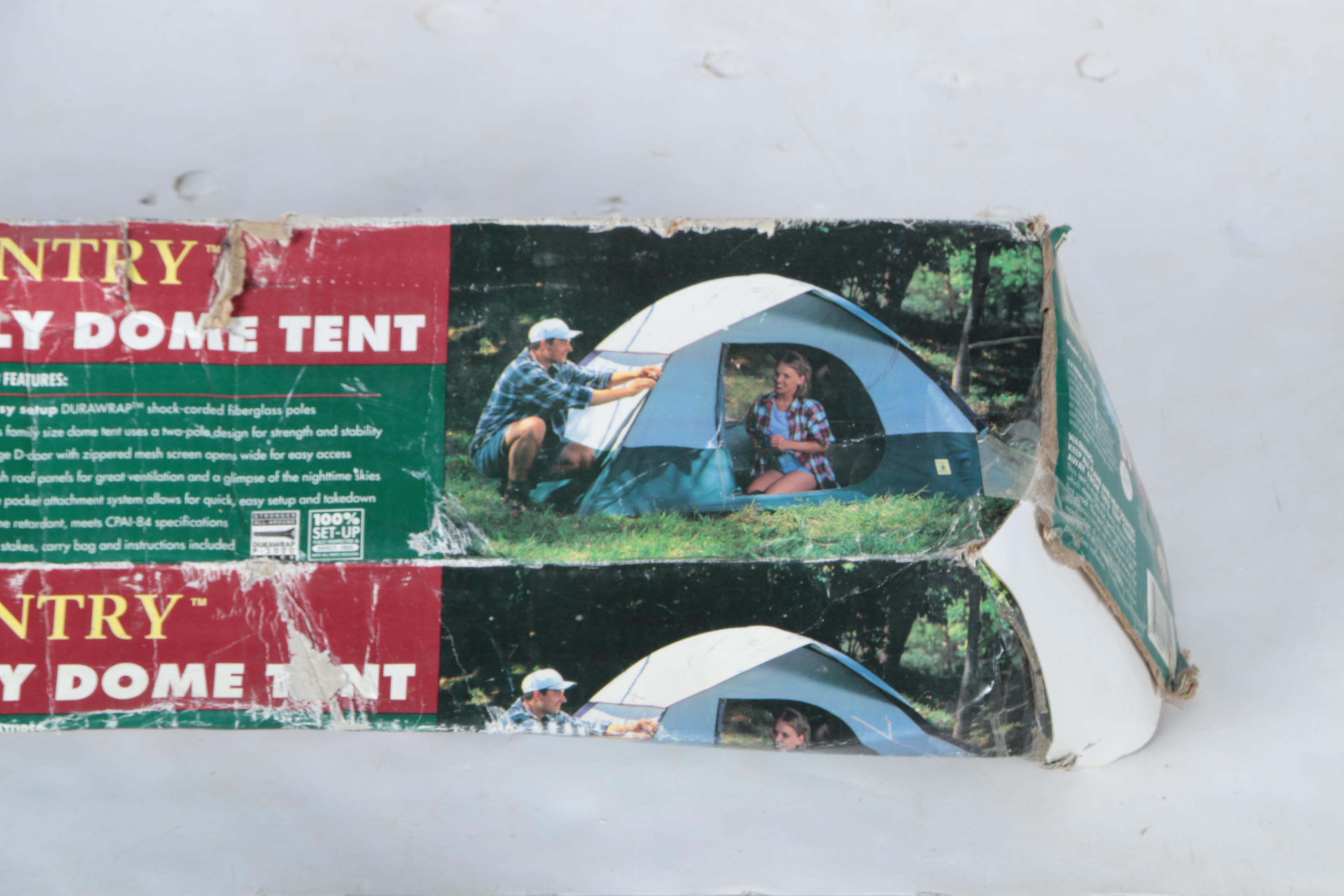 Dome Tent, Stakes and Trenching Shovels