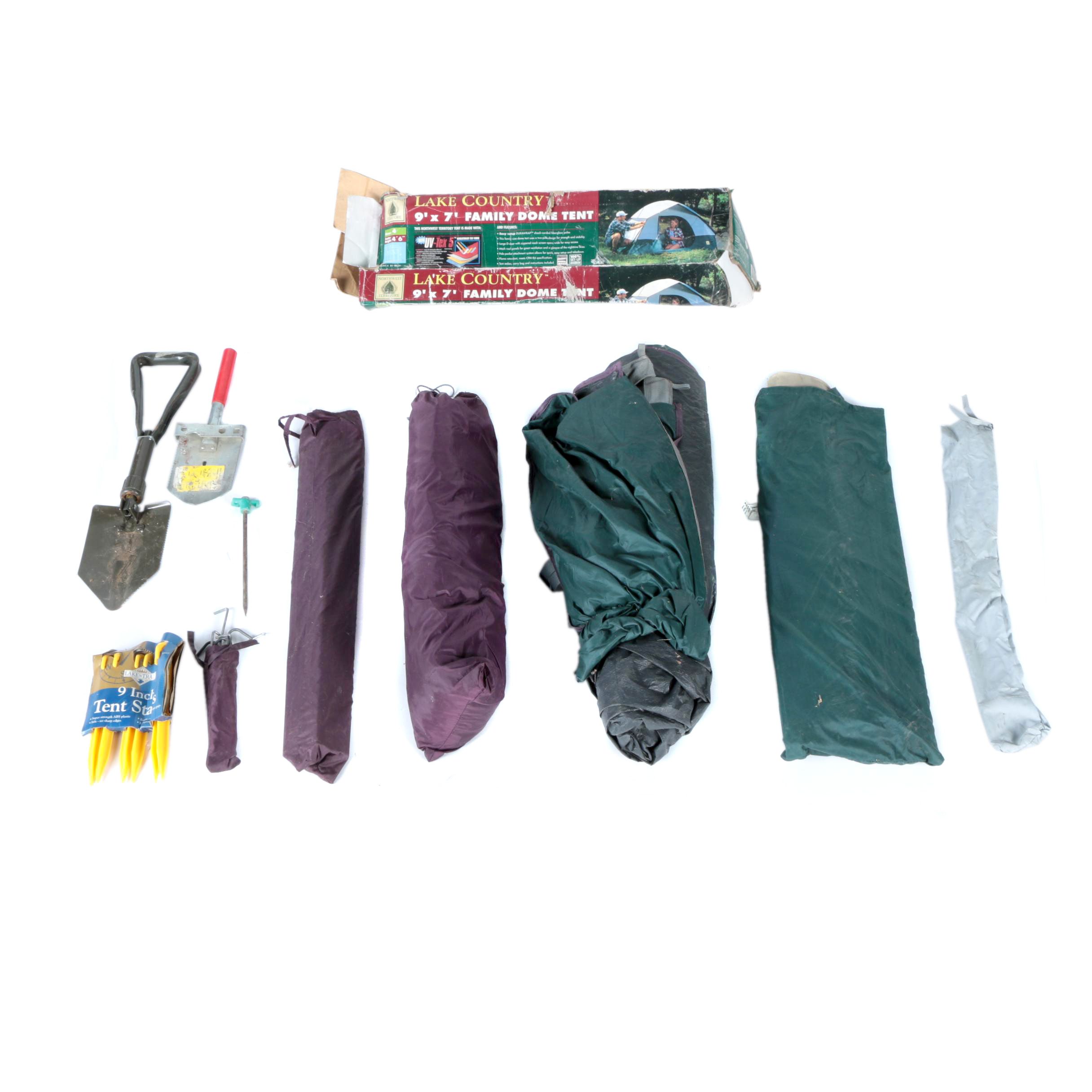 Dome Tent, Stakes and Trenching Shovels