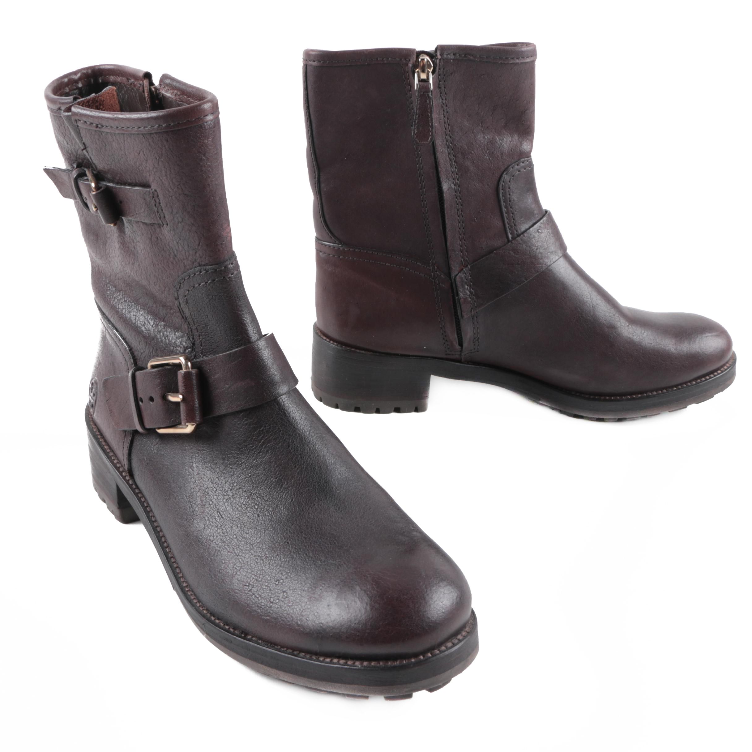 Tory Burch "Chrystie" Dark Brown Leather Moto Boots