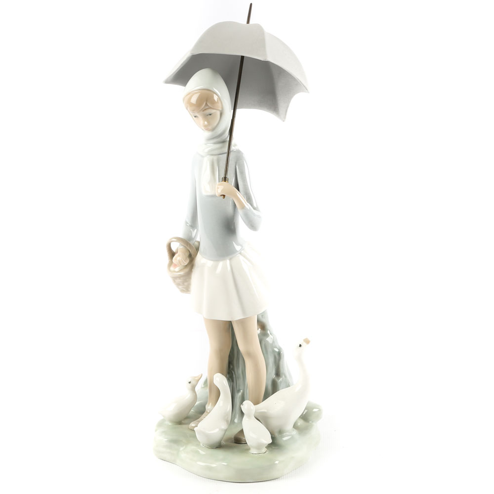 Vintage Retired Lladro "Girl with Umbrella and Geese" Porcelain Figurine