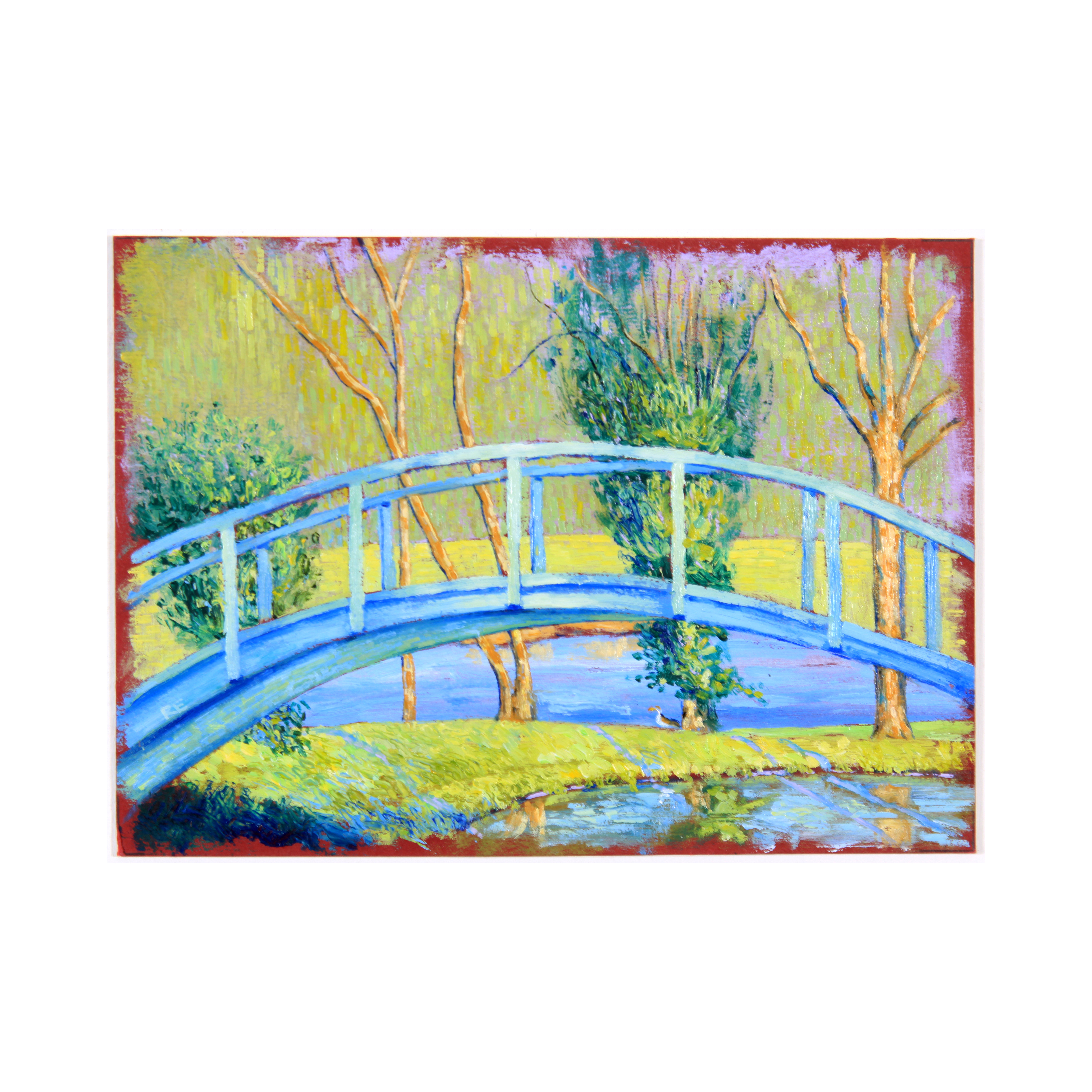 Ron Elkins Oil on Board "New Harmony Bridge"