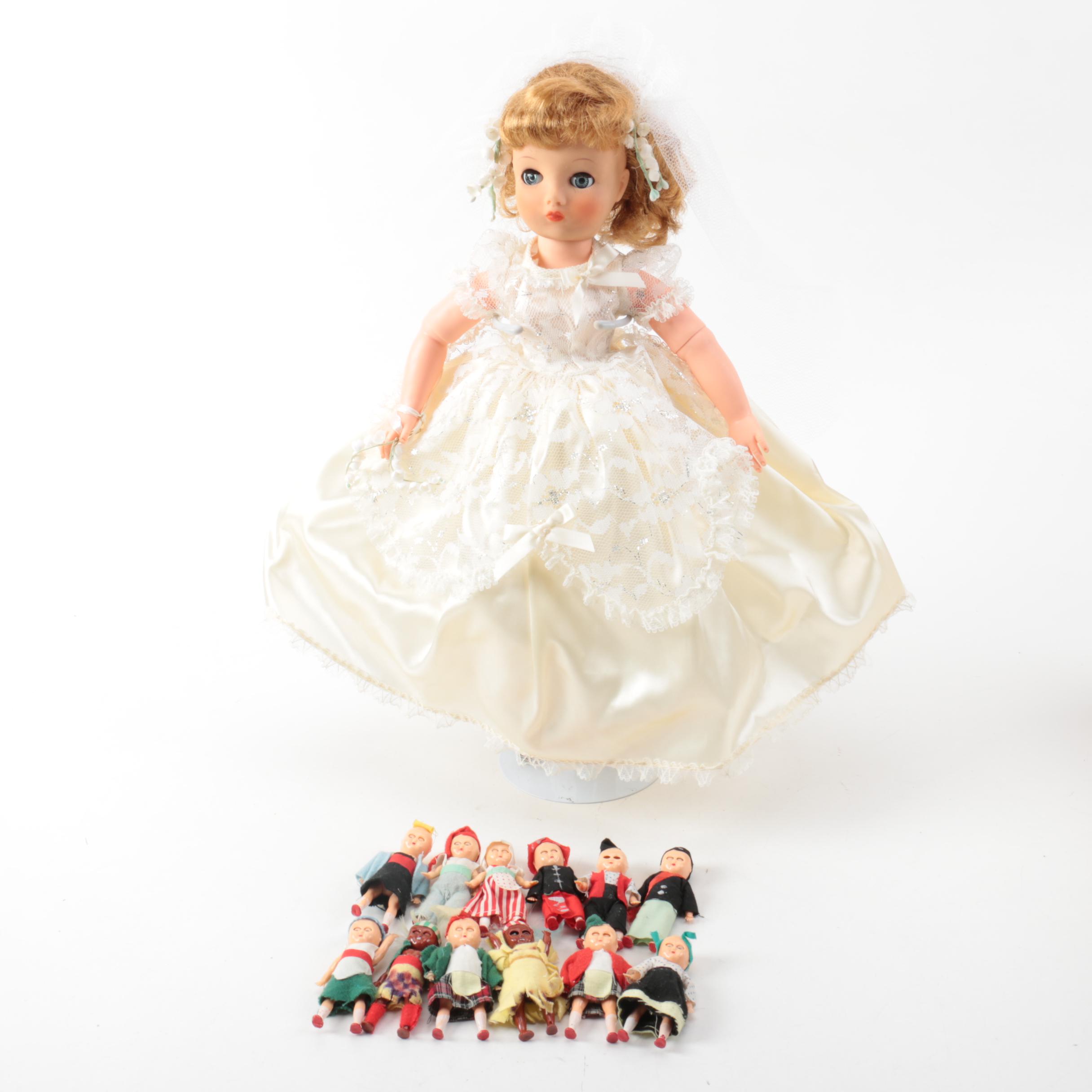 Vintage Horsman "Cindy" Bride Doll and Celluloid Souvenir Dolls