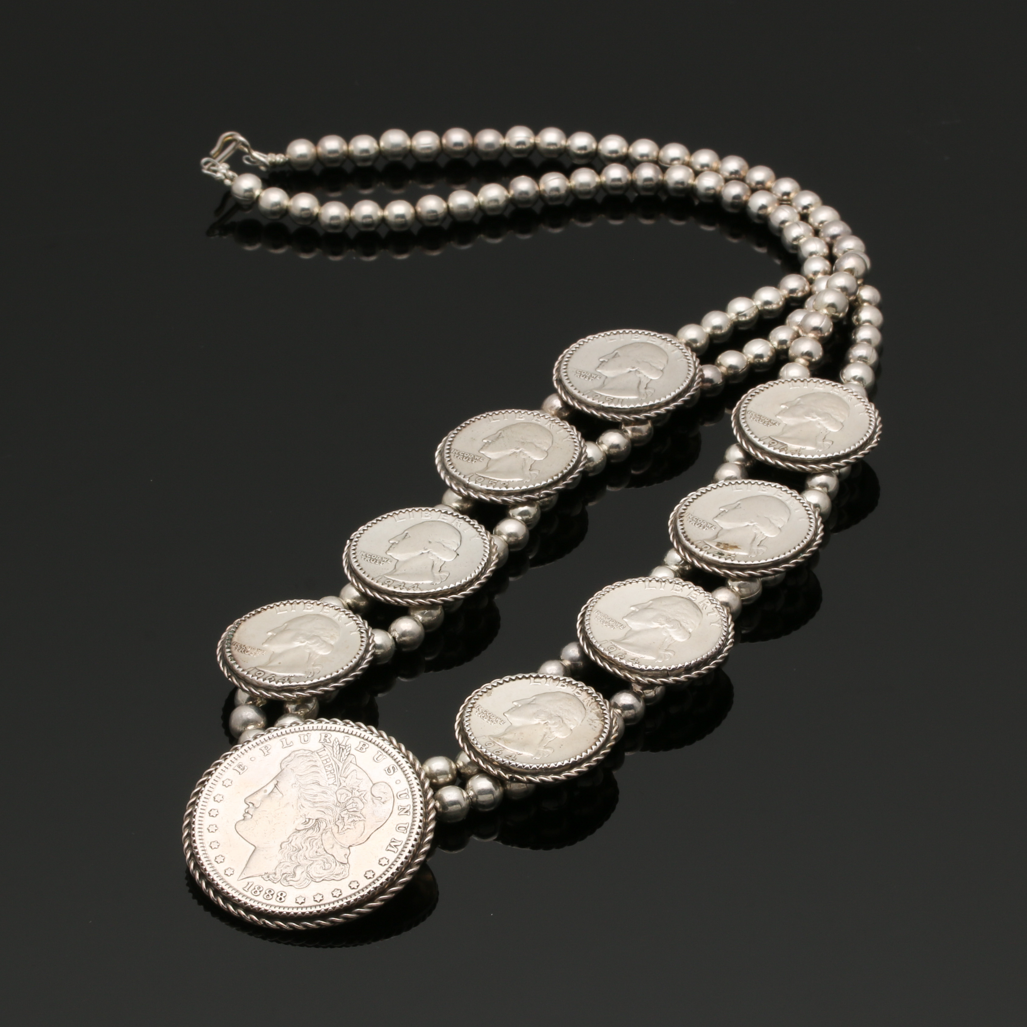 Kay Johnson Sterling and Coin Silver Morgan Dollar and Silver Quarter Necklace