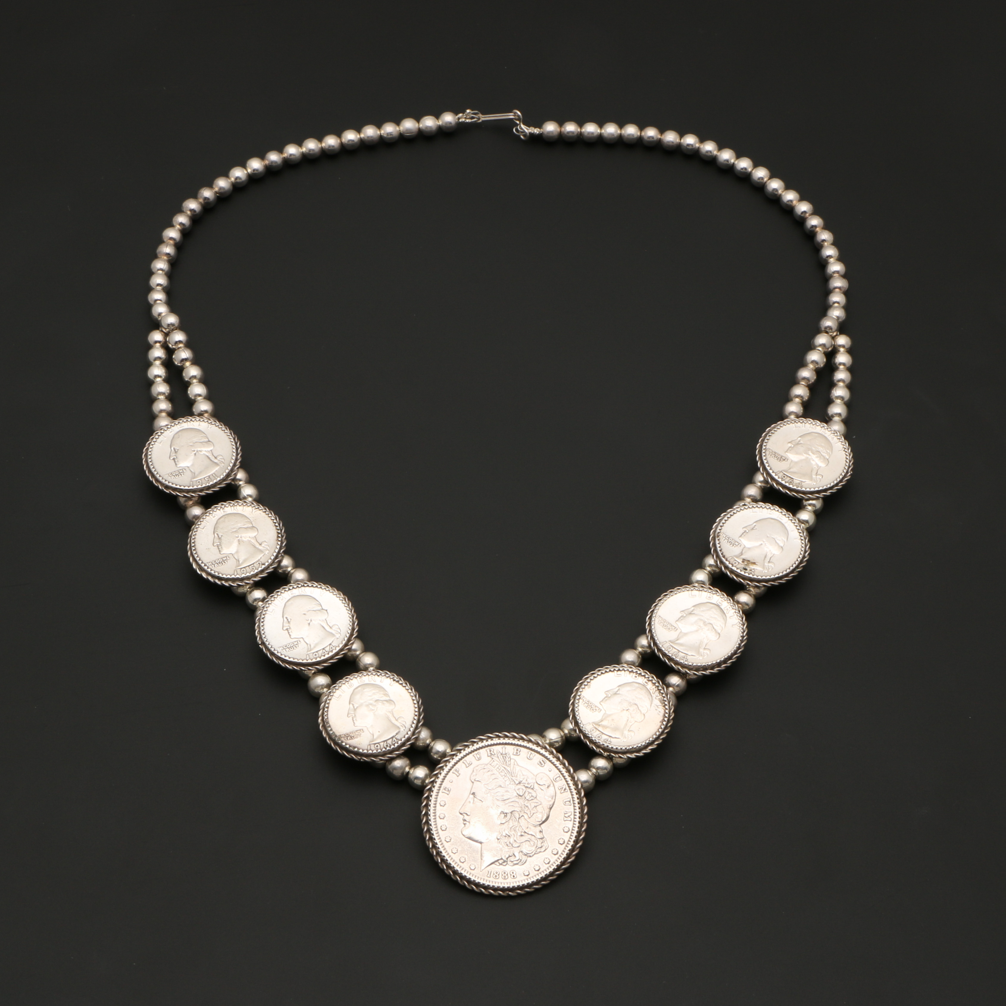 Kay Johnson Sterling and Coin Silver Morgan Dollar and Silver Quarter Necklace