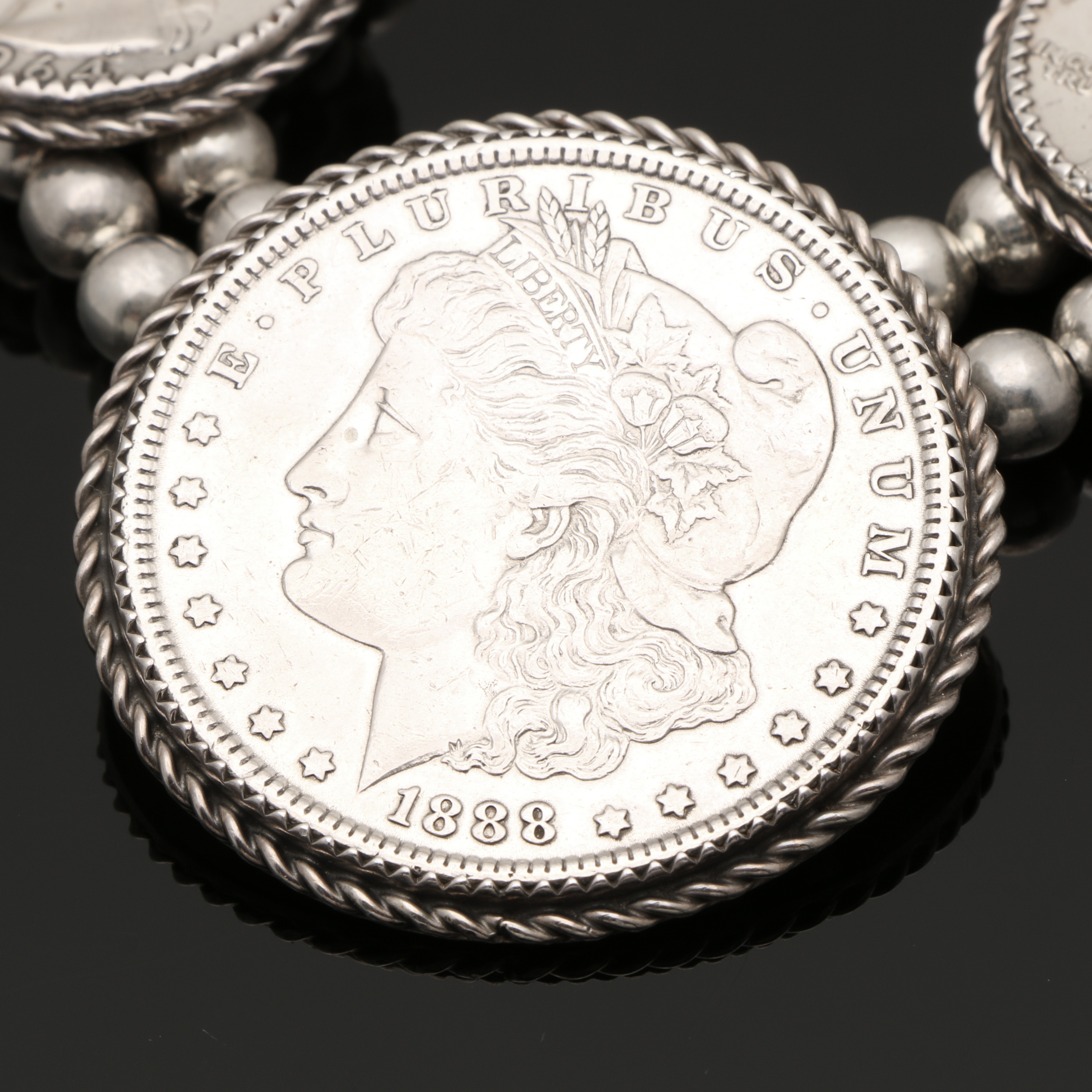 Kay Johnson Sterling and Coin Silver Morgan Dollar and Silver Quarter Necklace